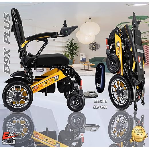 EAONE No.1D9X, Best Rated Exclusive Folding Lightweight Motorized Electric Wheelchair, Dual 500W Motors, Heavy-Duty, Portable Electric Wheelchair (21.5'' Seat Width) (Yellow Black)