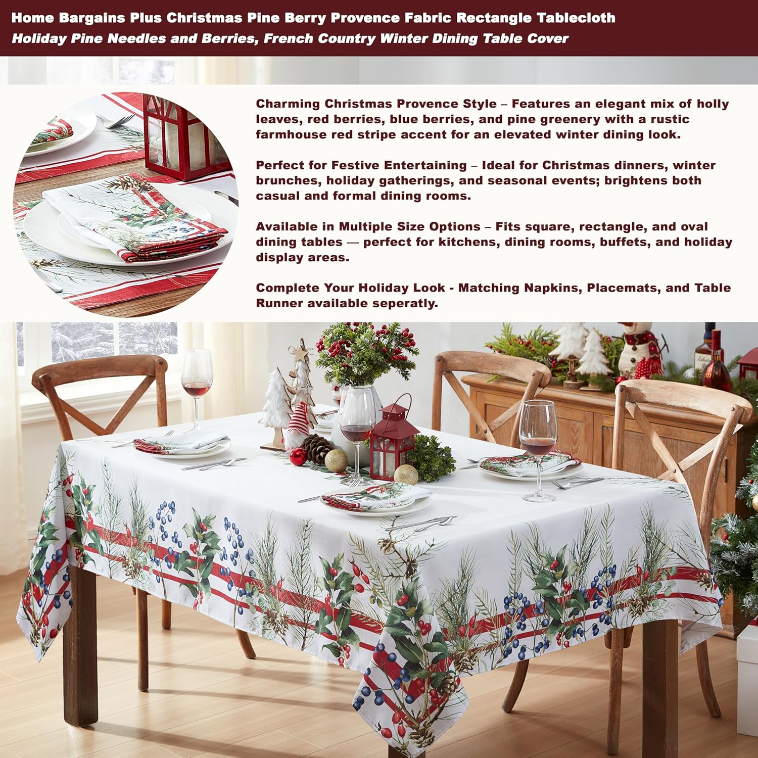 Home Bargains Plus Pine Berry Provence Christmas Fabric Tablecloth, 60 x 120 Inch Rectangle, Holiday Pine Needles and Berries, French Country Winter Dining Table Cover