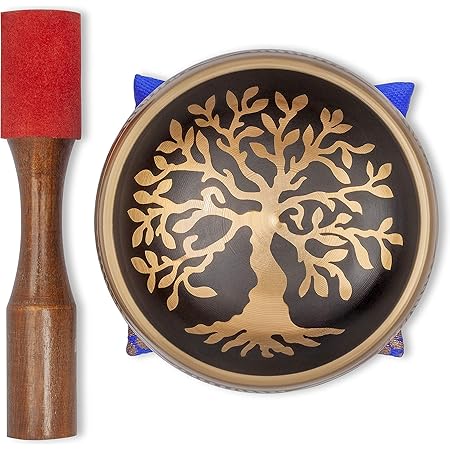 Bim-Bam-Bom Tibetan Singing Bowl – Hand Crafted Singing Bowls w/Mallet & Cushion, Meditation Bowl For Yoga and Holistic Healing, Stress Relief - Brass 4” Tree of Life Prayer Bowl