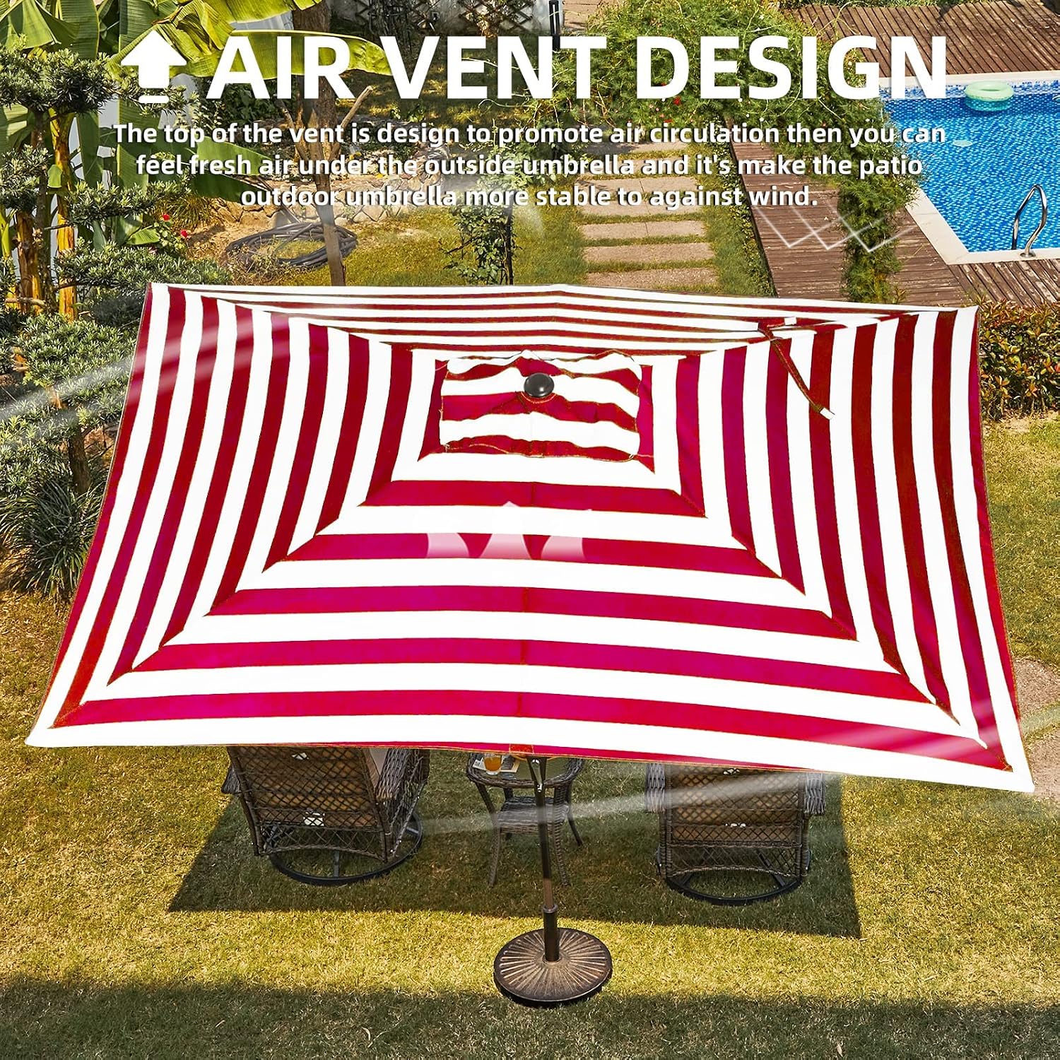 VOUA 6.5x10ft Rectangular Patio Umbrella Outdoor Market Table Umbrella with Push Bottom Title & Crank 6 sturdy ribs UV protection Waterproof for Lawn Garden Backyard and Deck,Red and White