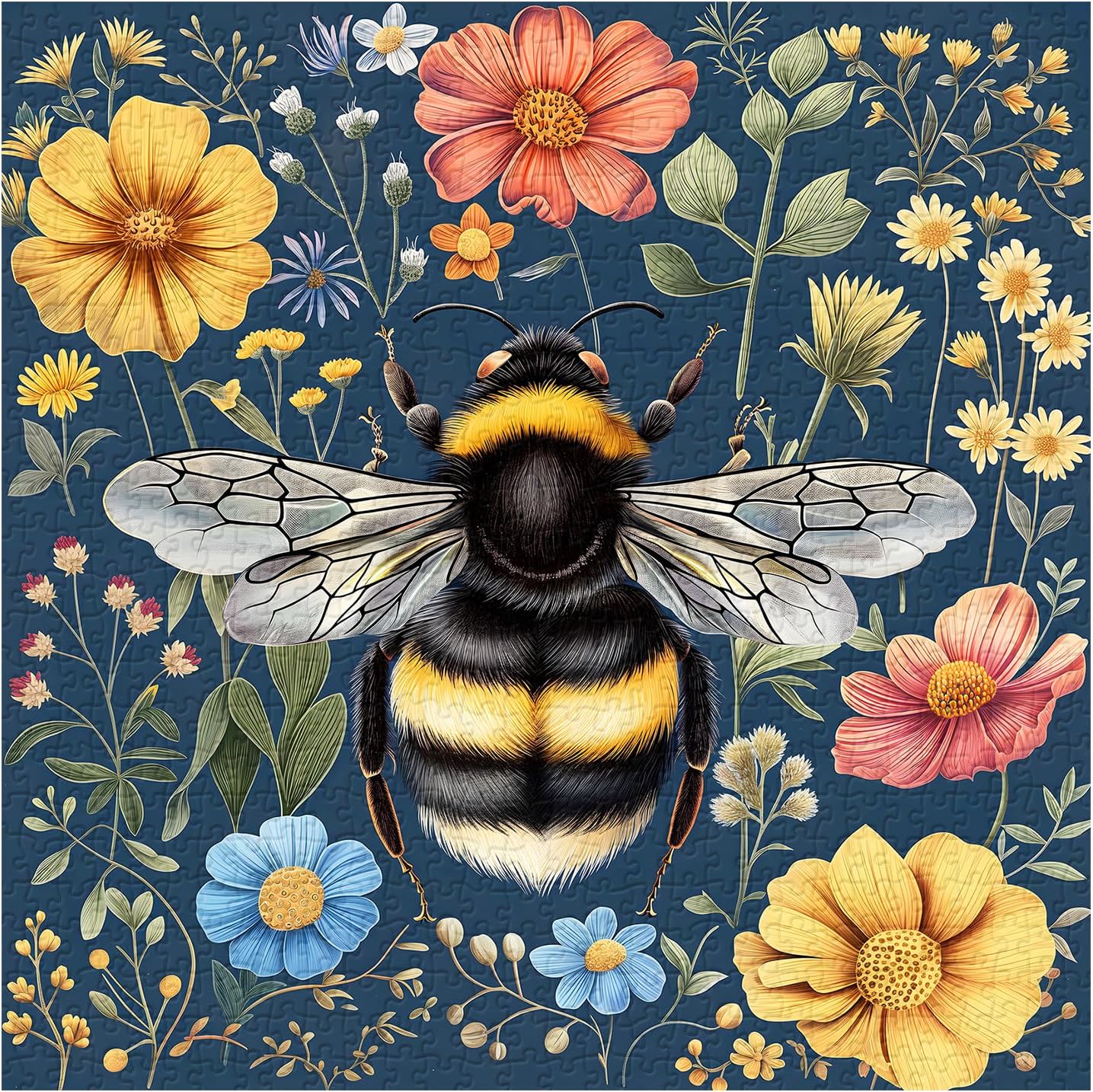 Vintage Bee Puzzles for Adults 1000 Pieces, Retro Flower Garden Jigsaw Puzzles, Nature Wildflower Animal Puzzle as Home Decor