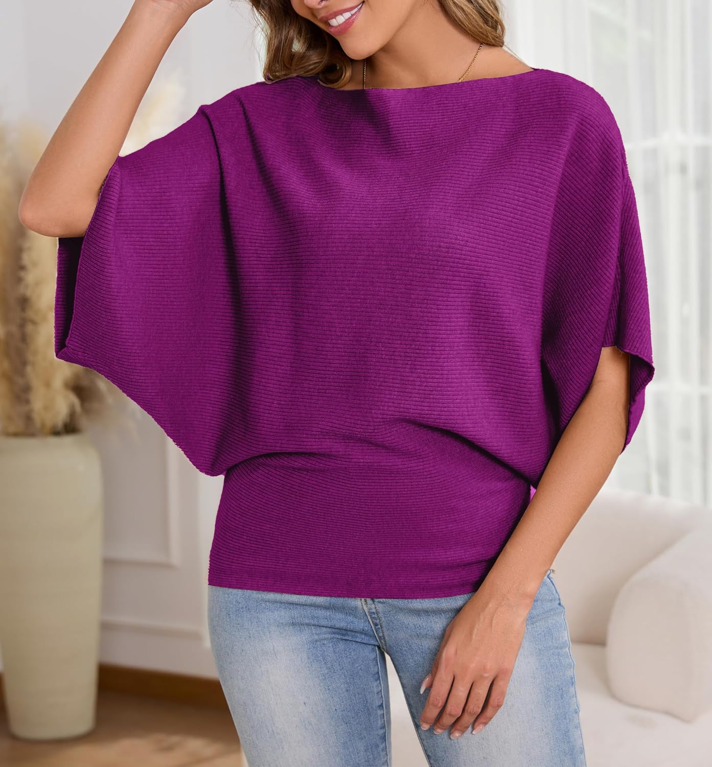 MAKARTHY Womens Batwing Sleeves Knitted Dolman Pullovers Boat Neck Tops Sweatershirts