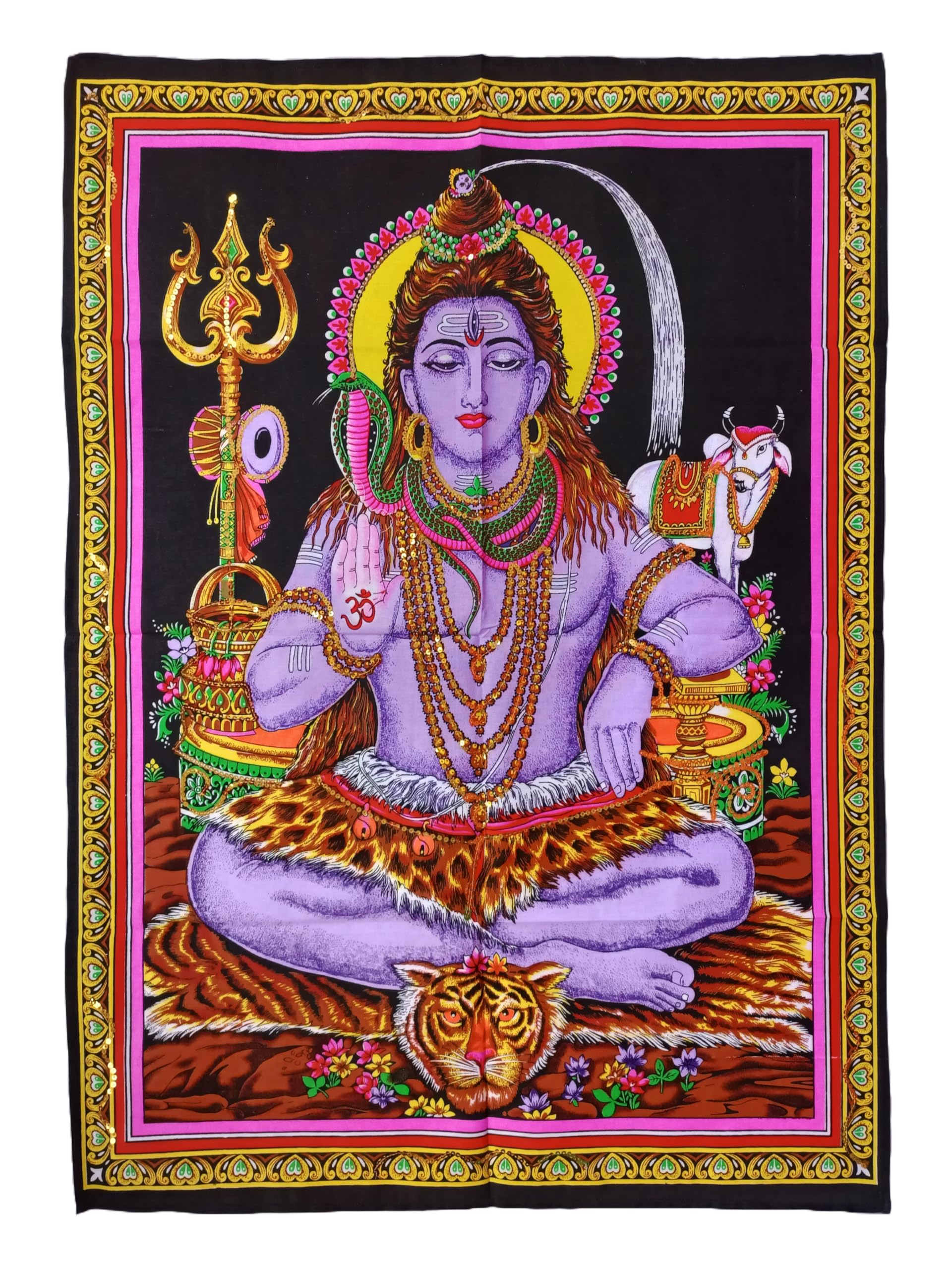 Pilgrims Fair Trade Sequin Cotton Shrine Picture Wall Art Hindu God Shiva Wall Hanging 76 x 106 cm