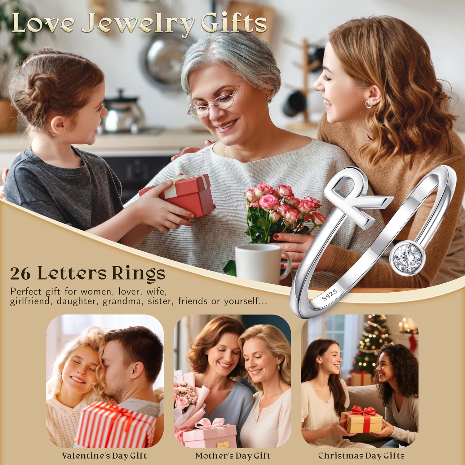 MILACOLATO 925 Sterling Silver Initial Rings for Women Teen Girl 18K White Gold Plated Letter Rings Adjustable Capital Letter Ring Stackable Thumb Pinky Rings for Mothers Birthday Valentine's Day Gifts Jewelry - Image 6