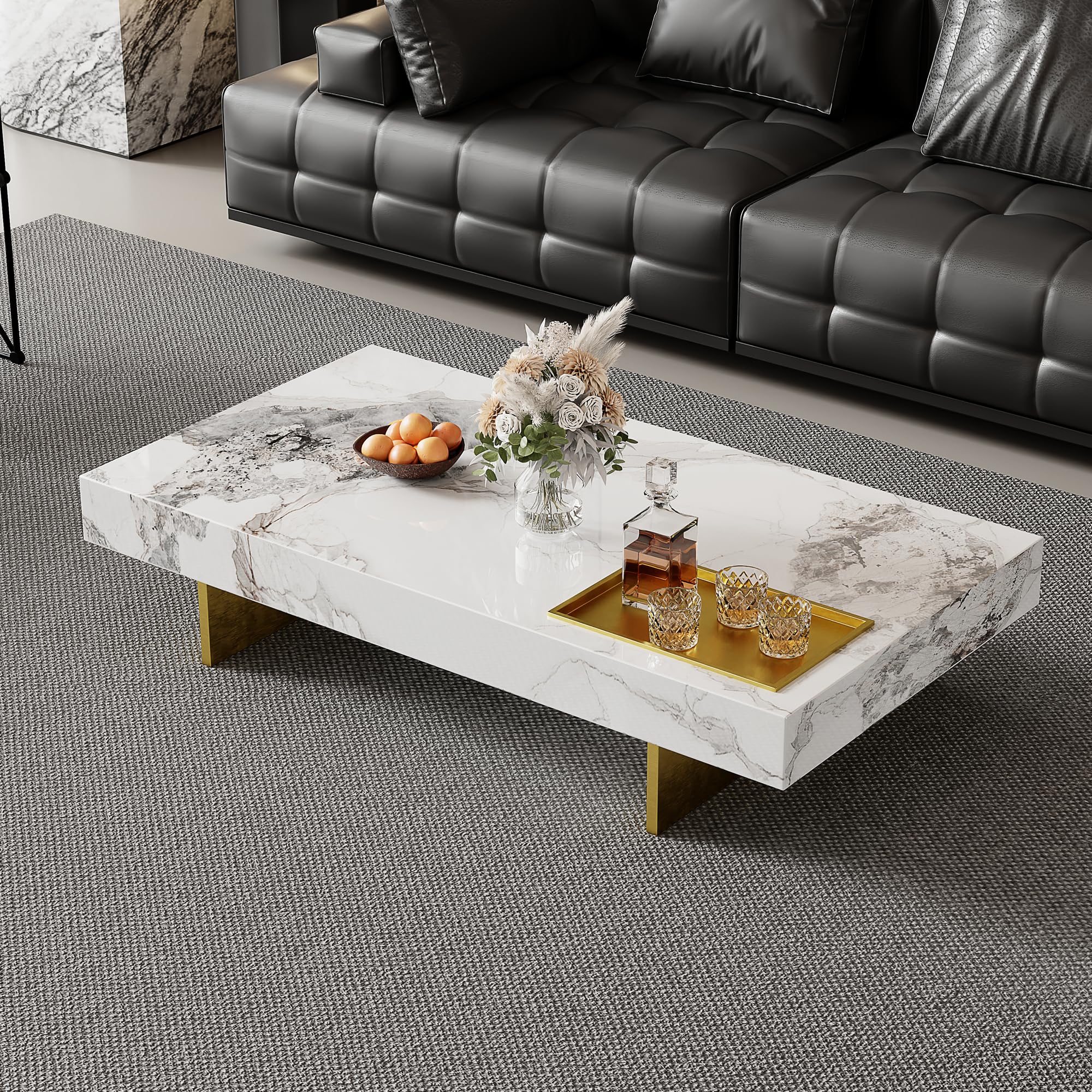 51.18" Rectangle Marble Coffee Table - Modern White Sintered Stone Top with Gold Metal Base, Large Living Room Center Table for Contemporary &