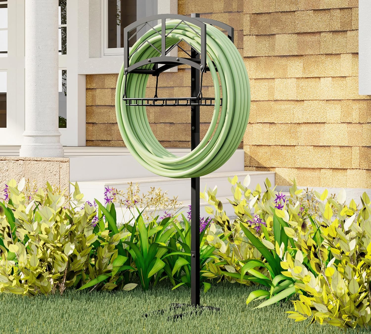 Kingson Portable Garden Hose Holder with Storage Basket - Heavy-Duty Black Steel Construction, Holds 150FT Hose, Freestanding & Detachable Design with Tools for Easy Assembly