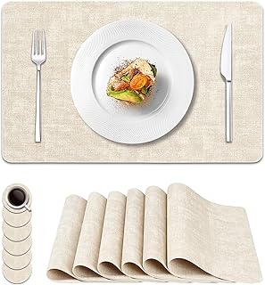 Vinyl Placemats Set of 6, Faux Leather Waterproof and Heat Resistant Place Mats, Washable Anti-Slip Table Mats with Coaster, Wipeable Placemats for Indoor & Outdoor 17" x 12" (Beige, Set of 6)