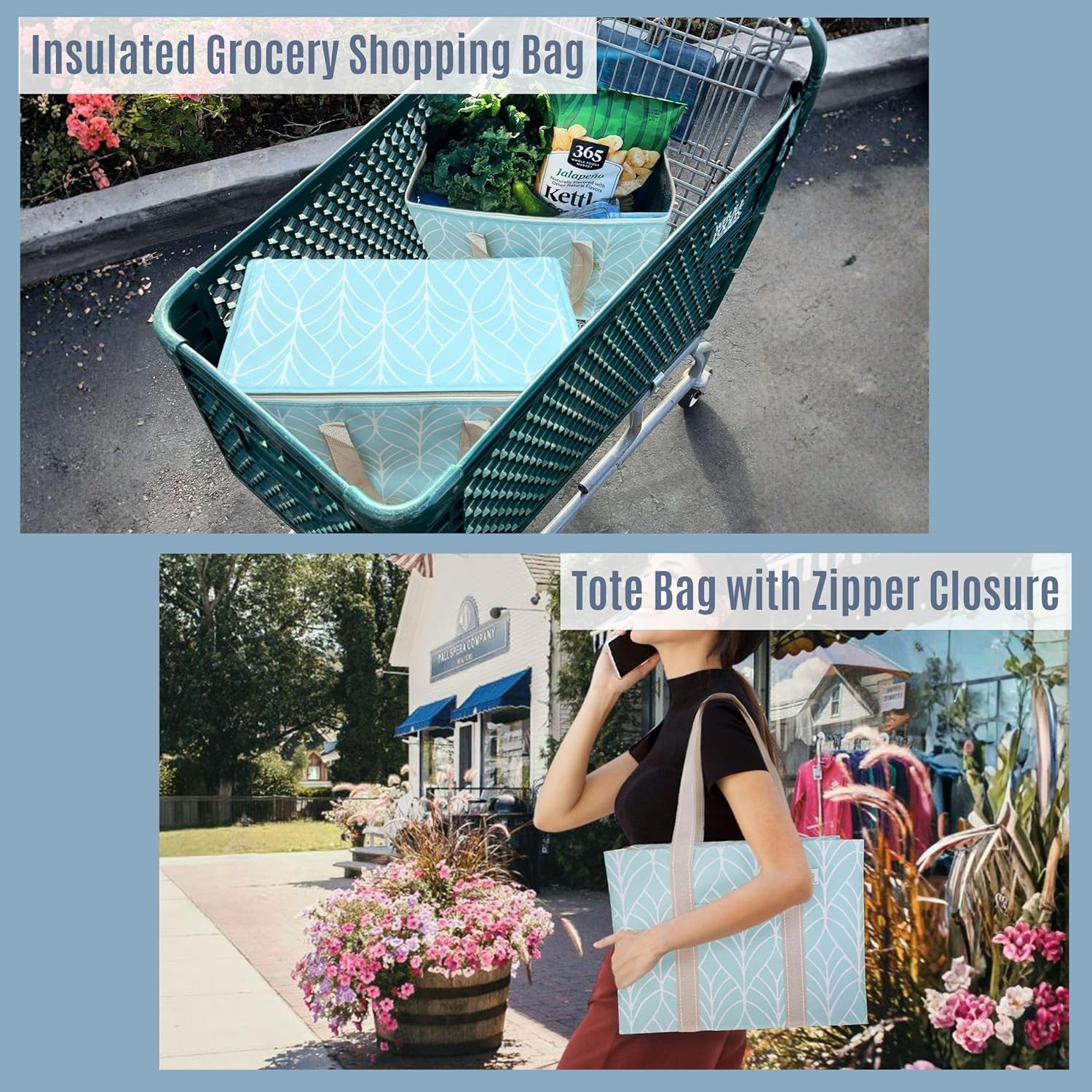 VENO 4 Pack Heavy-Duty Reusable Grocery Bags (2 Pack Insulated Grocery Bag w/Hard Bottom + 2 Pack Zippered Tote Bag)