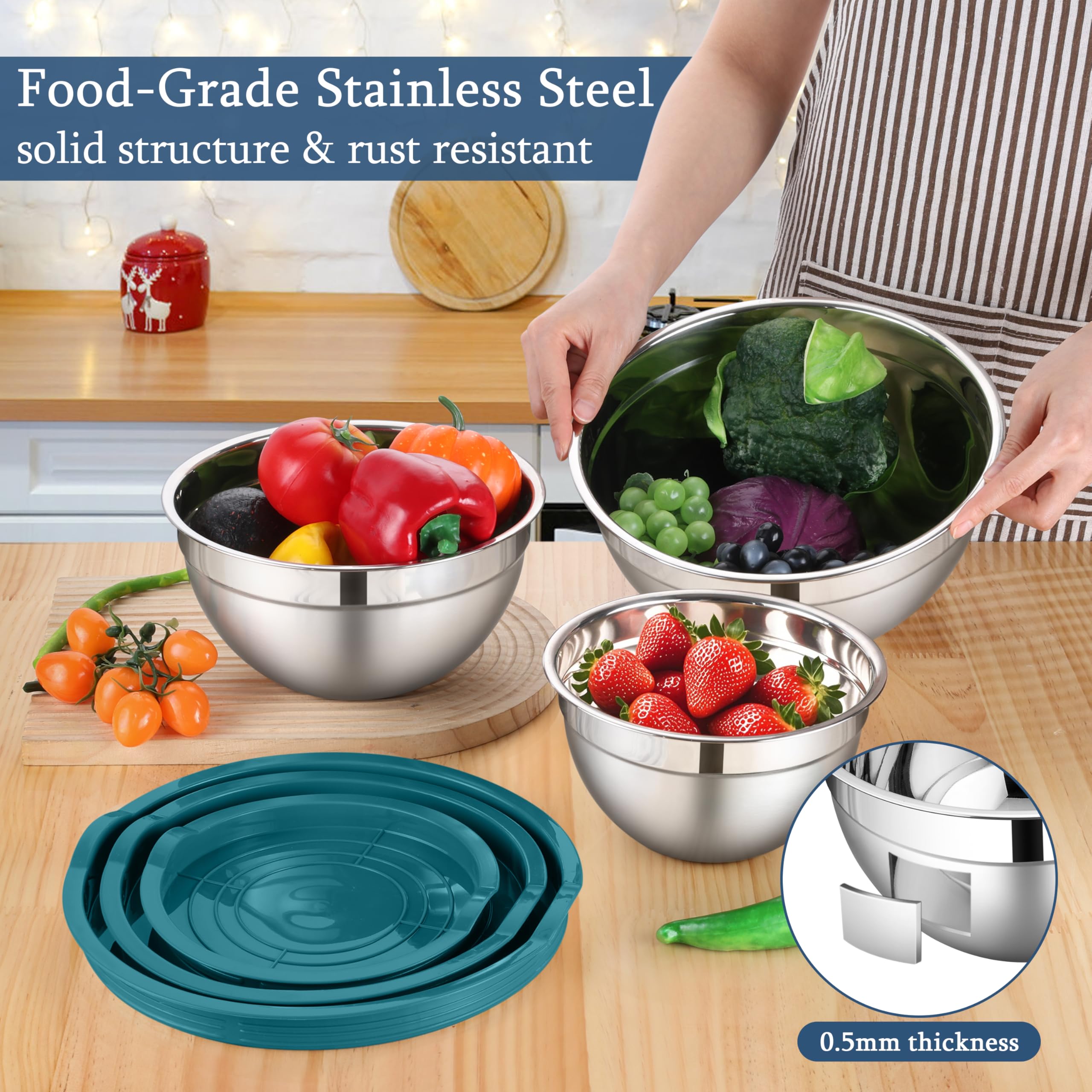 LIANYU Juego de 3 cuencos para mezclar con tapas herméticas, cuencos de cocina de metal grandes de acero inoxidable, aptos para lavavajillas y congelador, 1.5 cuartos de galón, 2.6 cuartos y 4.6
