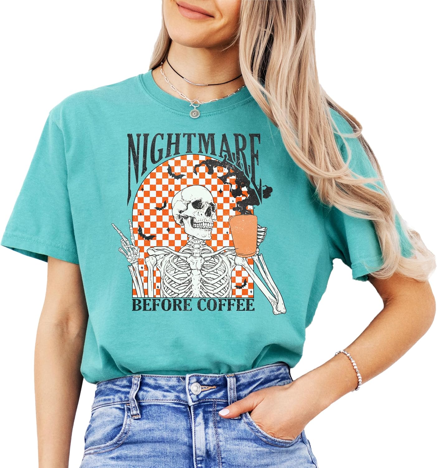 Nightmare Before Coffee Halloween T-Shirt for Women and Teens Funny Retro Skeleton and Bats Tee