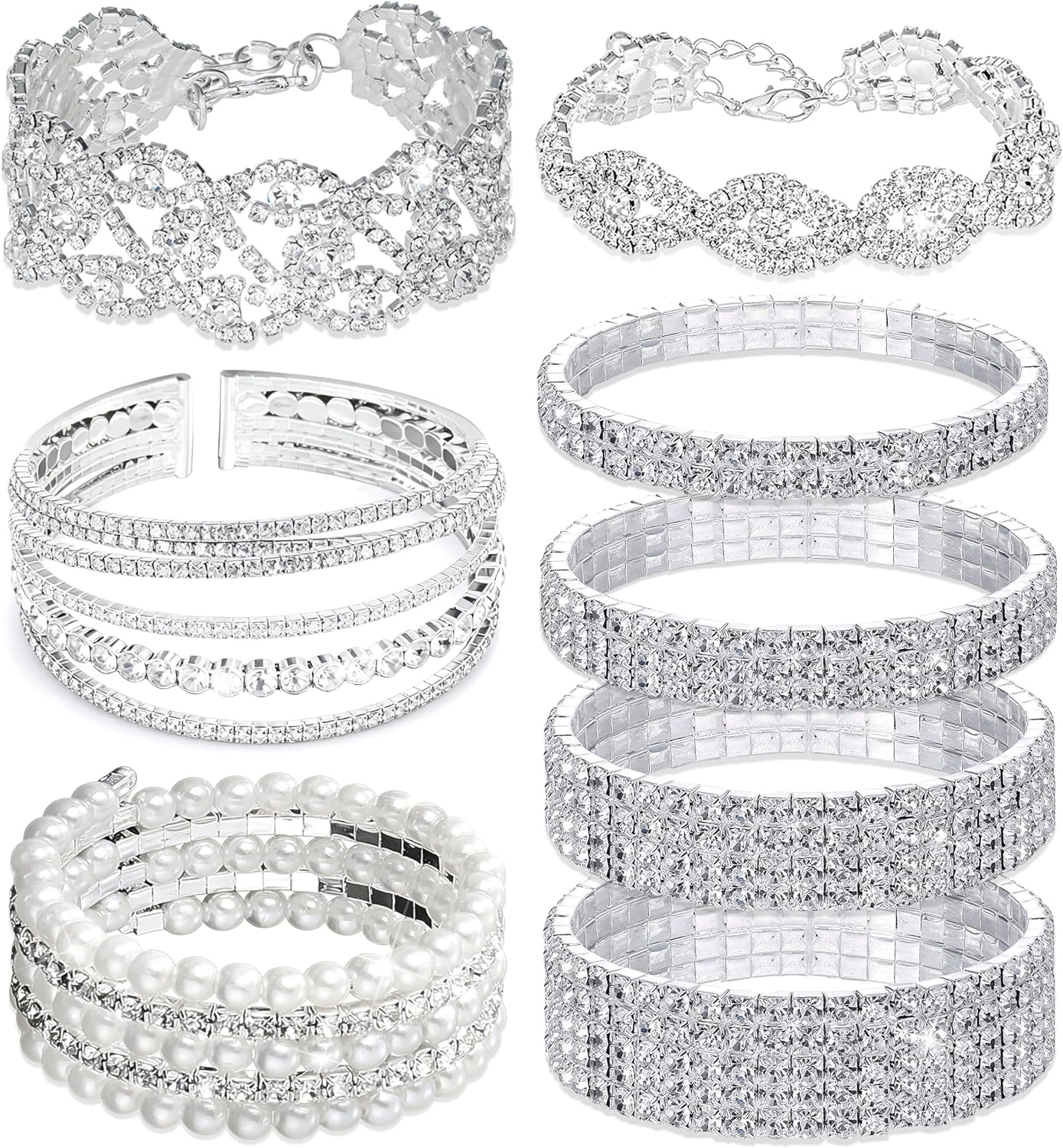 8Pcs Rhinestone Stretch Cuff Bracelet for Women Cubic Zirconia Tennis Stretch Bracelet Bangle Bling Crystal Bracelet Slivery Sparkly Bridal Wedding Jewelry Bracelet Set