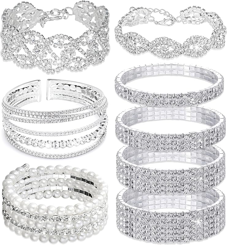 8Pcs Rhinestone Stretch Cuff Bracelet for Women Cubic Zirconia Tennis Stretch Bracelet Bangle Bling Crystal Bracelet Slivery Sparkly Bridal Wedding Jewelry Bracelet Set