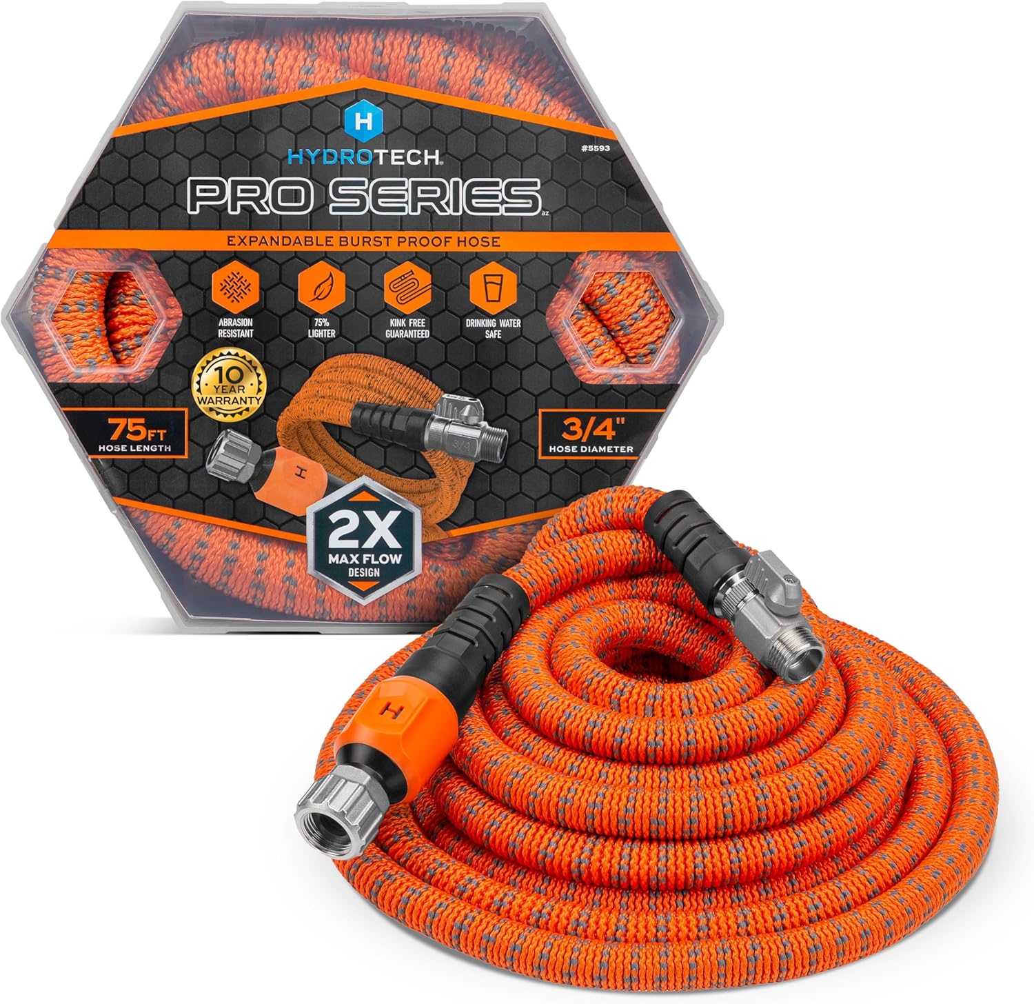 HydroTech 75 ft Expandable Garden Hose - Pro Series, 2x Max Flow, 3/4" No-Kink Flexibility, Lightweight Hose for Lawn, Garden, Car Washing, Deck and Patio Cleaning - Thumbnail 2