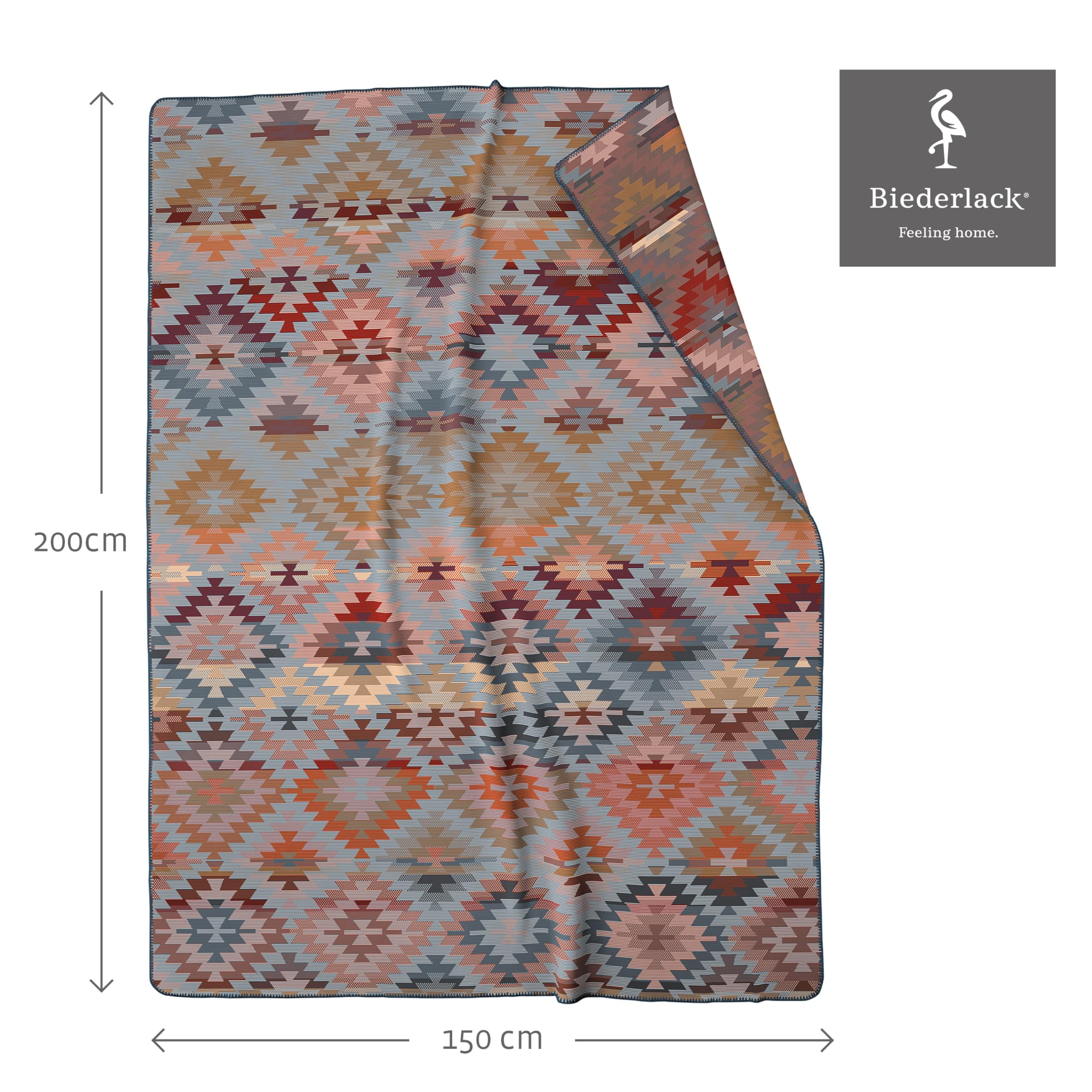 biederlack® Flauschige Kuscheldecke Navajo, Bunte Couchdecke in 150x200 cm | Made in Germany, Ethno Wohndecke in blau-orange, Sofadecke aus Baumwollmischgewebe, farbenfrohe Decke, OEKO-TEX Made in Green