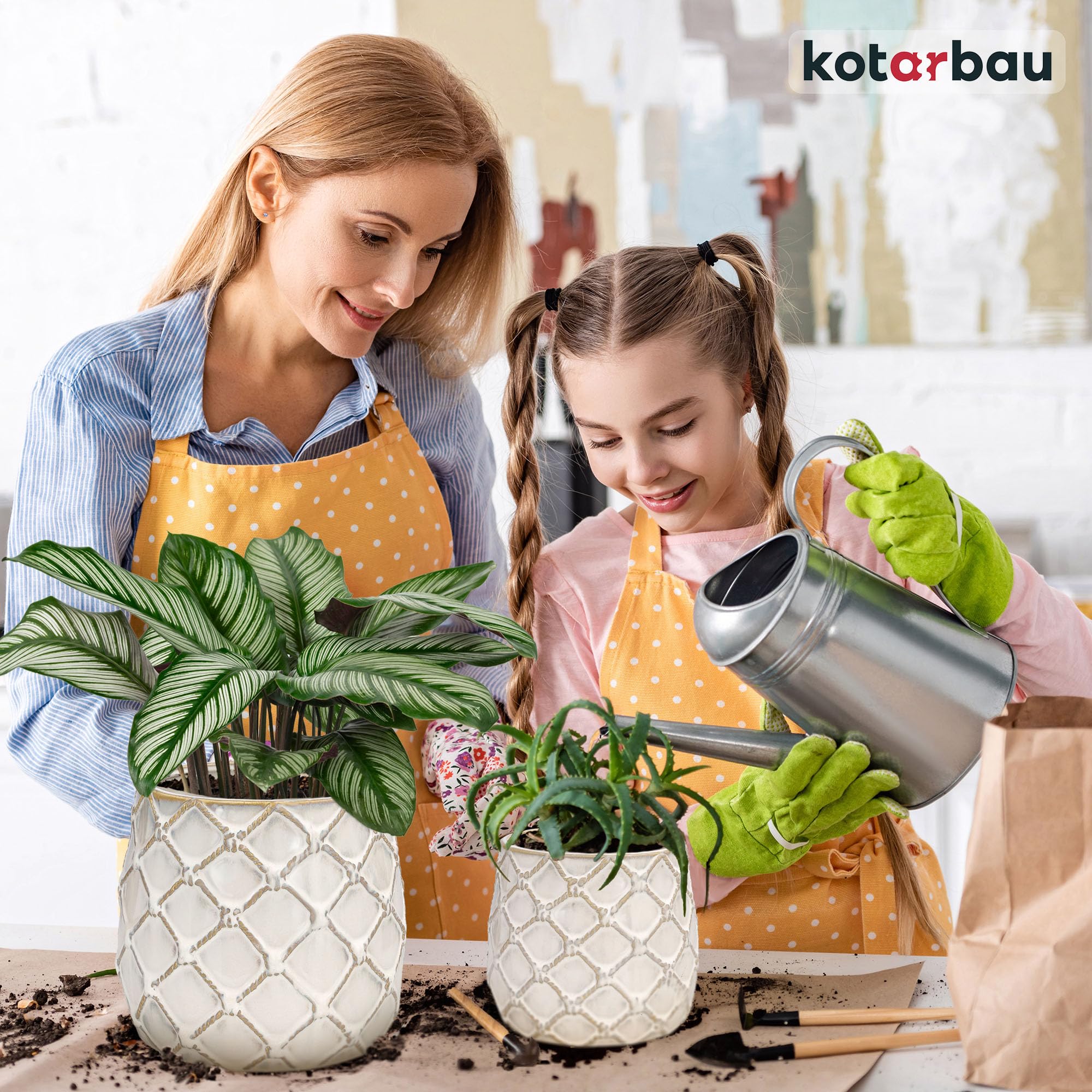 KOTARBAU® 2er Set Keramik-Blumentopf ⌀ 125 mm Übertopf Hell mit Ananas-Motiv