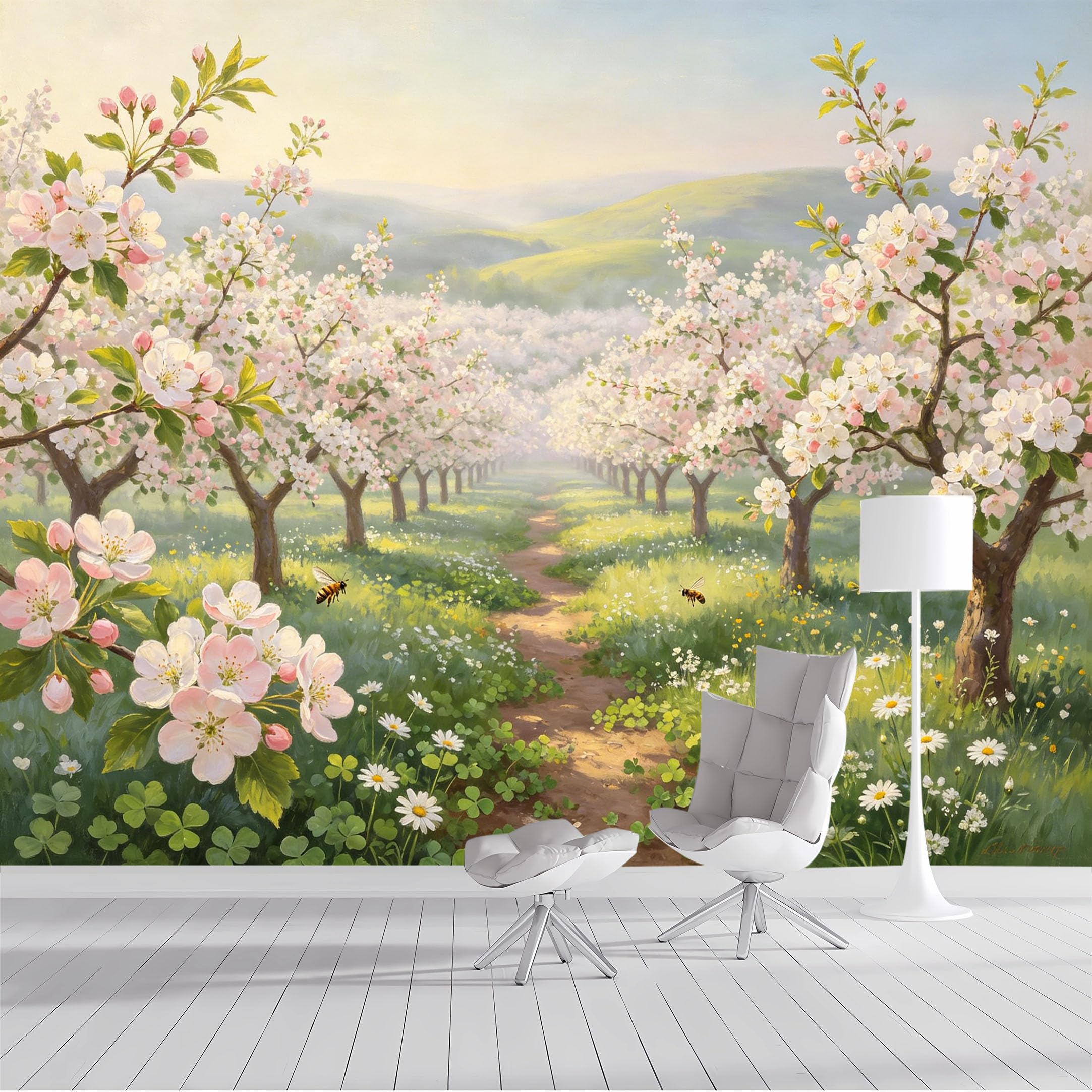 Custom Size Wall Mural Blooming Orchard Spring Blossom Floral Garden Oil Painting SelfAdhesive Wall Fabric Removable Peel and Stick Wallpaper Wall Decor for Living Room Bedroom Bathroom