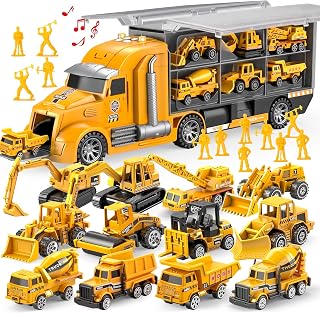 JOYIN 25-in-1 Kids Construction Truck Toy Set: 24 Push & Go Vehicles, Worker Figures, Lights & Sounds for Ages 3-7 - Birthday Easter Gift