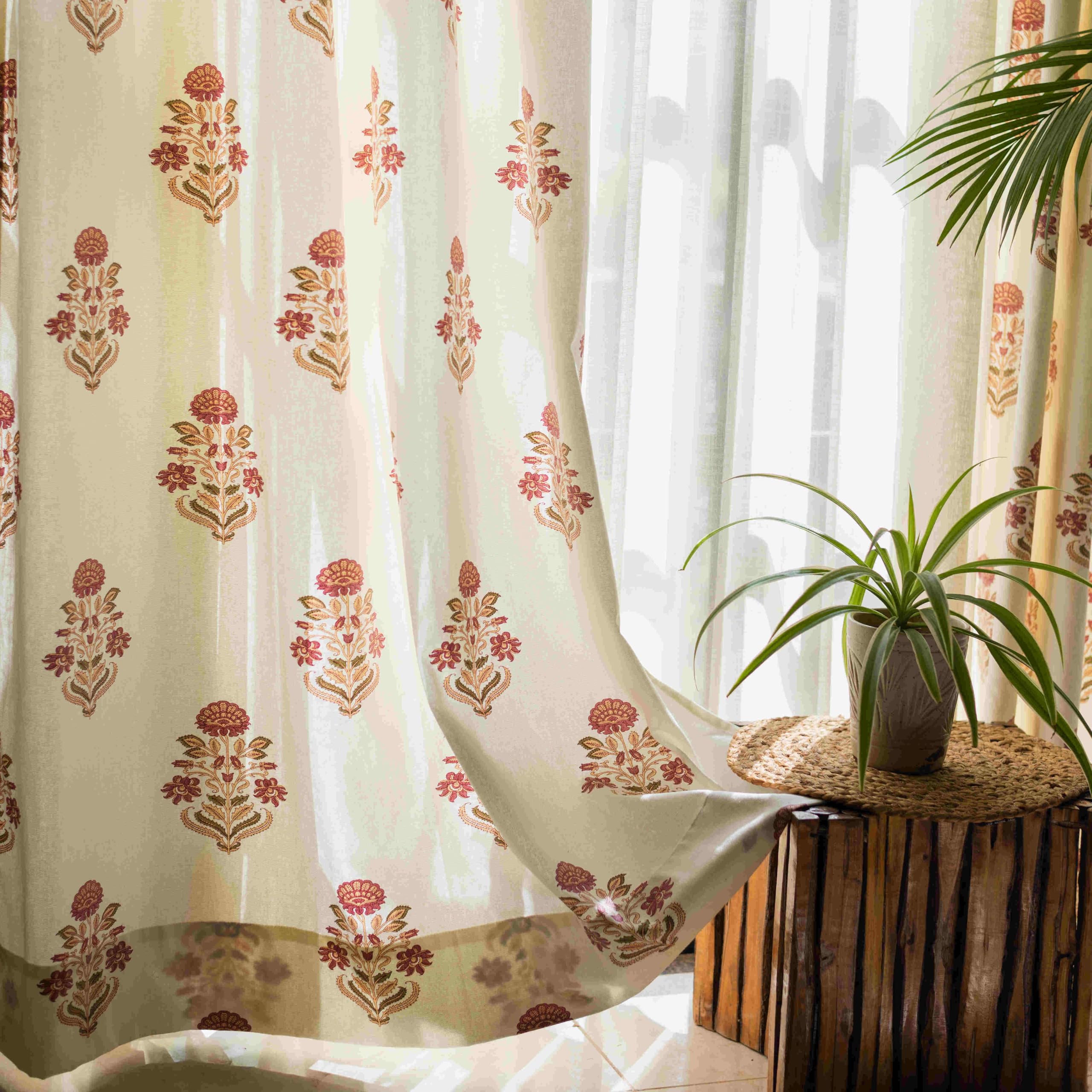 Urban Space 100% Cotton Floral Curtains for Window, 60-65% Light-Filtering Curtains 5 Feet Long Set of 2 with Eyelets and Tieback (Liberty Maroon, Window - 5 Feet X 4 Feet)