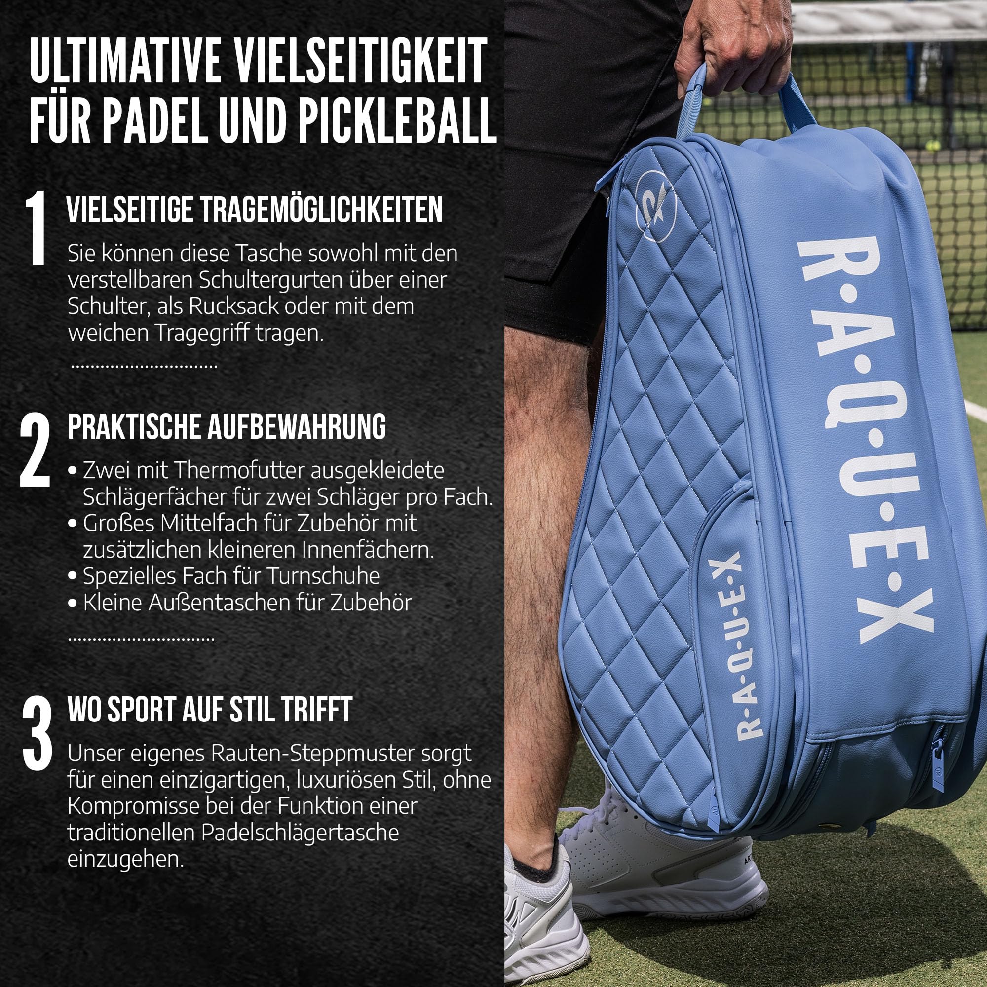 Raquex Elite gesteppte Padelschlägertasche (bis zu 4 Schläger) – Blau oder Schwarz – Padeltasche aus Kunstleder für Herren und Damen. Gepolsterte Padelschläger-Schutztasche – luxuriöses Padel-Geschenk