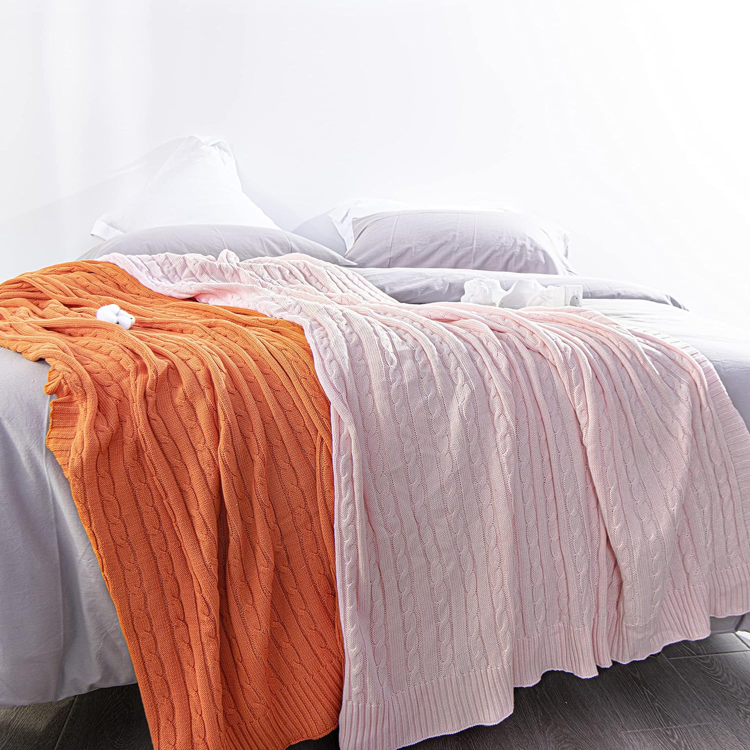 NTBAY 100% Pure Cotton Cable Knit Throw Blanket, Super Soft Warm 51x67 Knitted Throw Blanket for Couch, Sofa, Chair, Bed - Extra Cozy, Machine Washable, Comfortable Home Decor, Baby Pink - Image 5