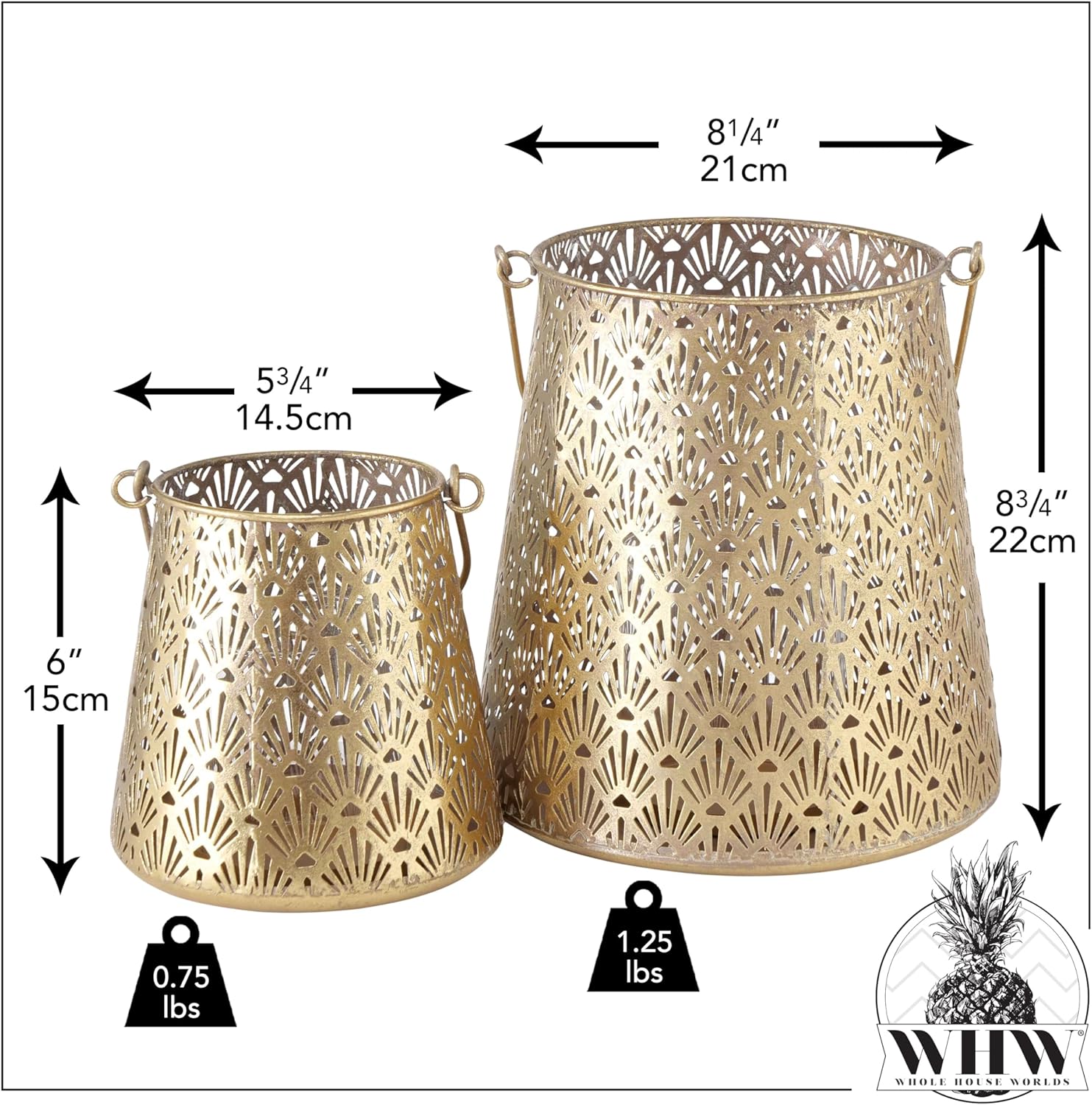 Grand Tour Temple Bell Lanterns, Set of 2, Lattice Lace Pattern, Hurricanes, Gold Finish, Iron, 8.75 and 6 Inches, Loop Handles, Removable Inner Glass Sleeve