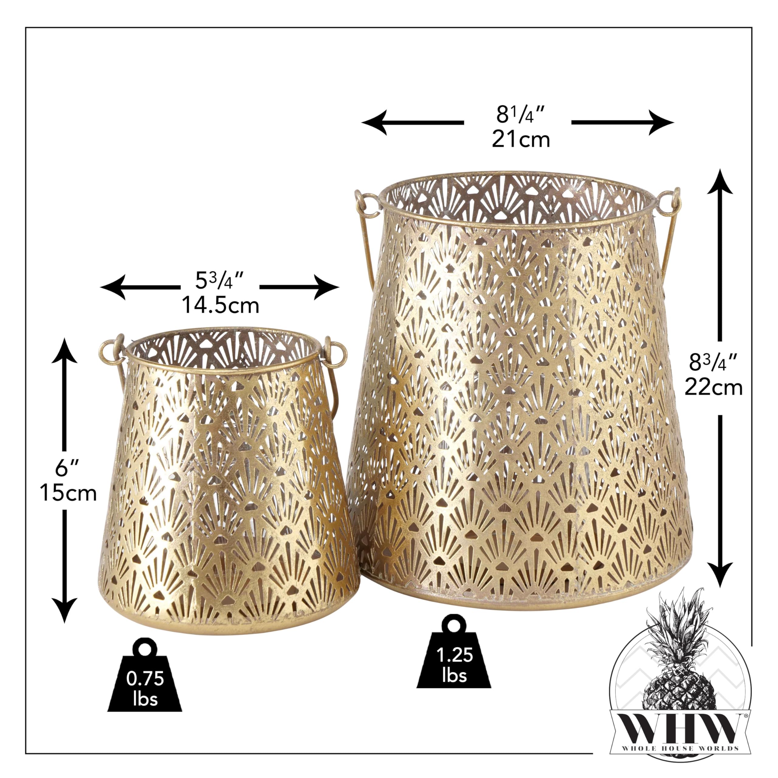WHW Whole House Worlds Grand Tour Temple Bell Lanterne, Set di 2 pezzi, motivo a reticolo, uragani, finitura oro, ferro, 20,75 e 15,5 cm, maniglie ad anello, manicotto interno rimovibile in vetro
