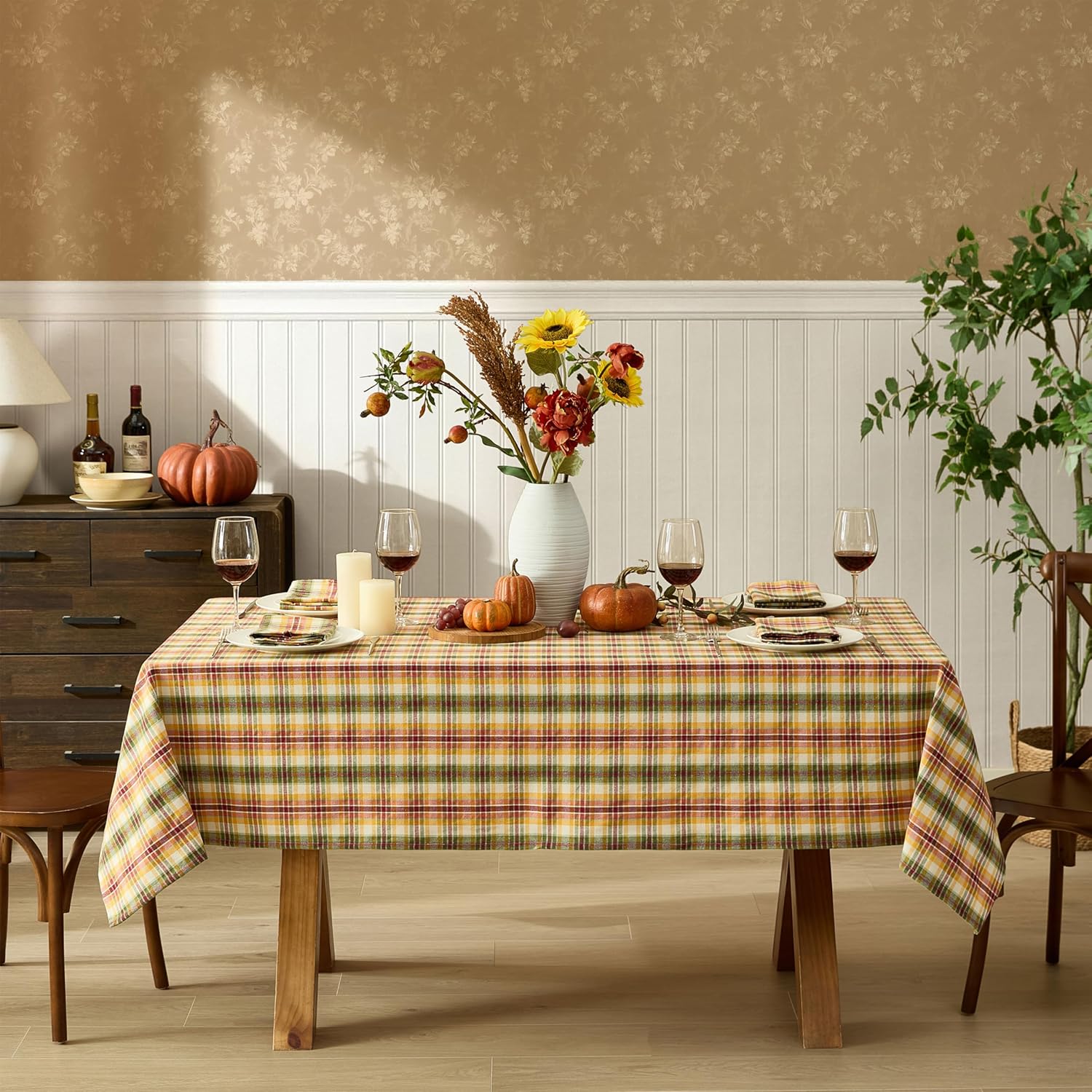 Newbridge Wheatfield Golden Yellow Tartan Spring Holiday Plaid Fabric Tablecloth, 60 x 102 Inch Rectangular, Red Green Check Farmhouse Tartan Plaid Washable Easy Care Table Cover