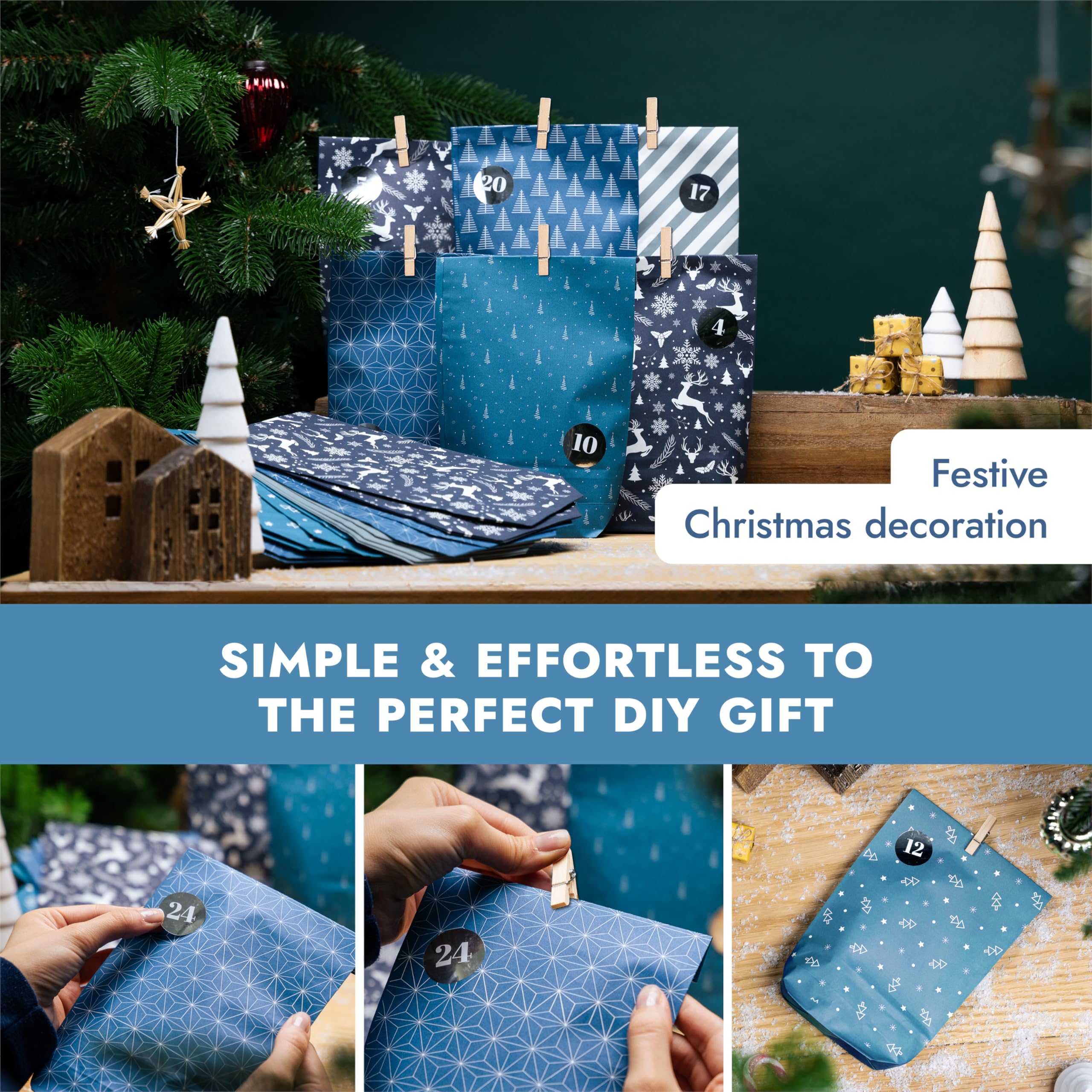AMARI Calendrier de l'Avent à remplir – 24 sachets de l'Avent en papier ( avec pinces en bois) pour bricoler Noël – Sacs de Noël en papier avec chiffres autocollants