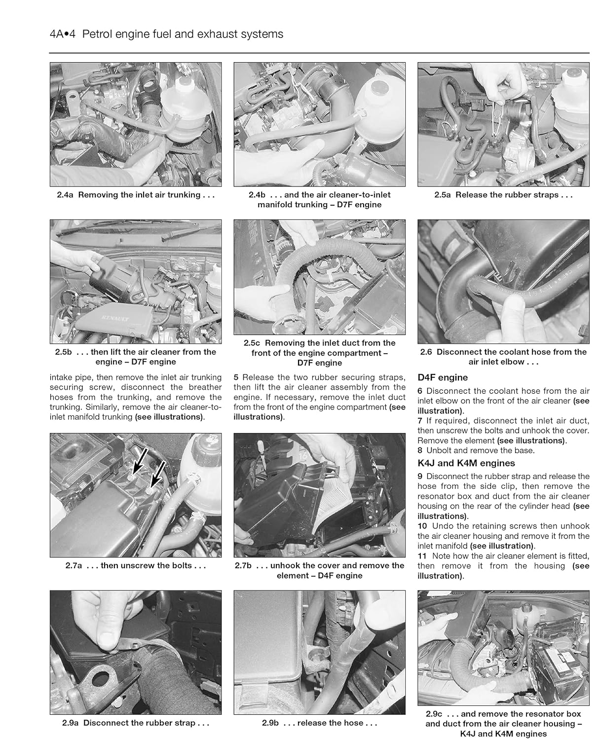 Page from the manual showing petrol engine fuel and exhaust system procedures