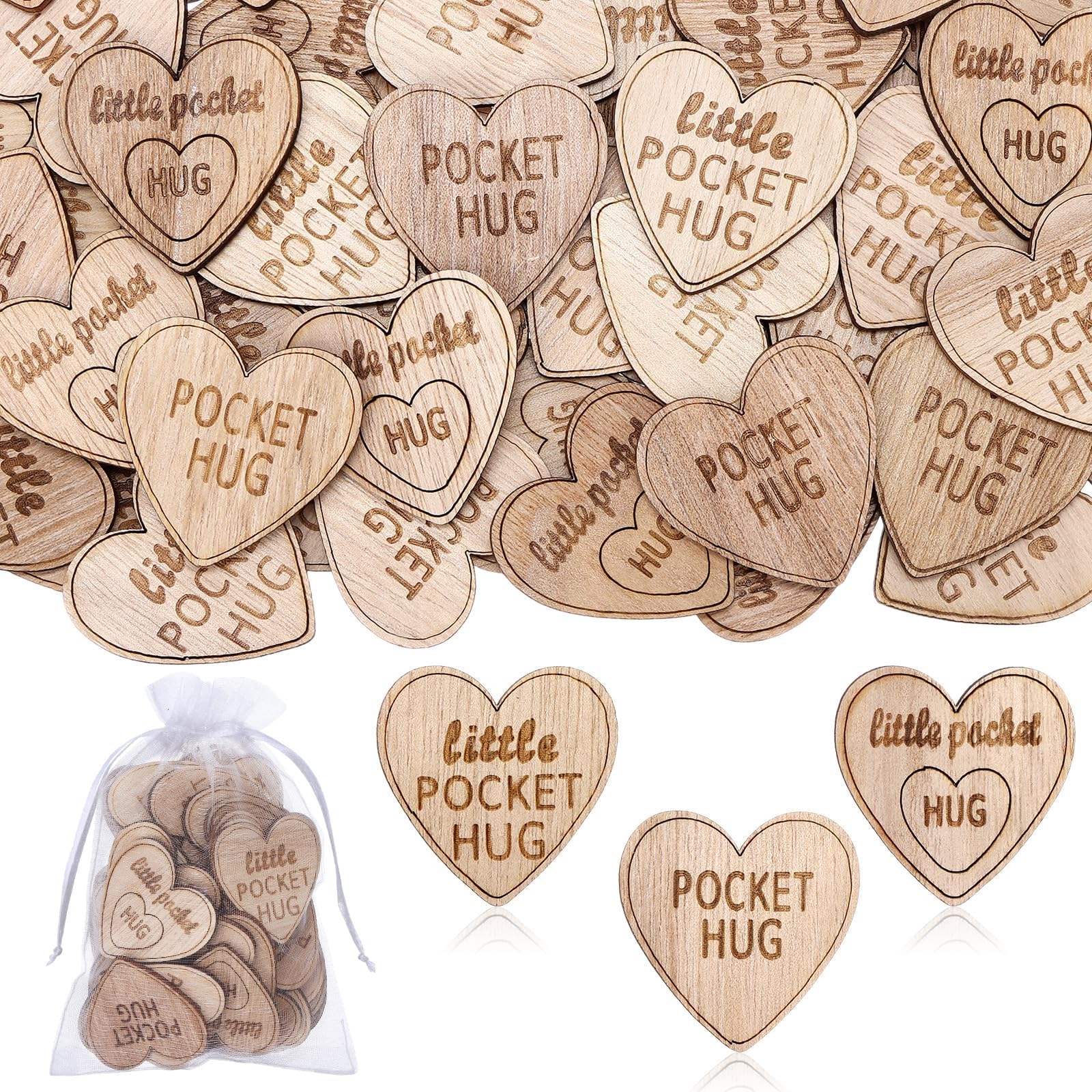 90 Pcs Wooden Heart Pocket Hug Token Gift Bulk with 3 Pcs Organza Bags for Lover Colleagues Coworkers Inspirational Appreciation Pocket Family Birthday Celebration of Life Funeral Love Gifts (Heart)