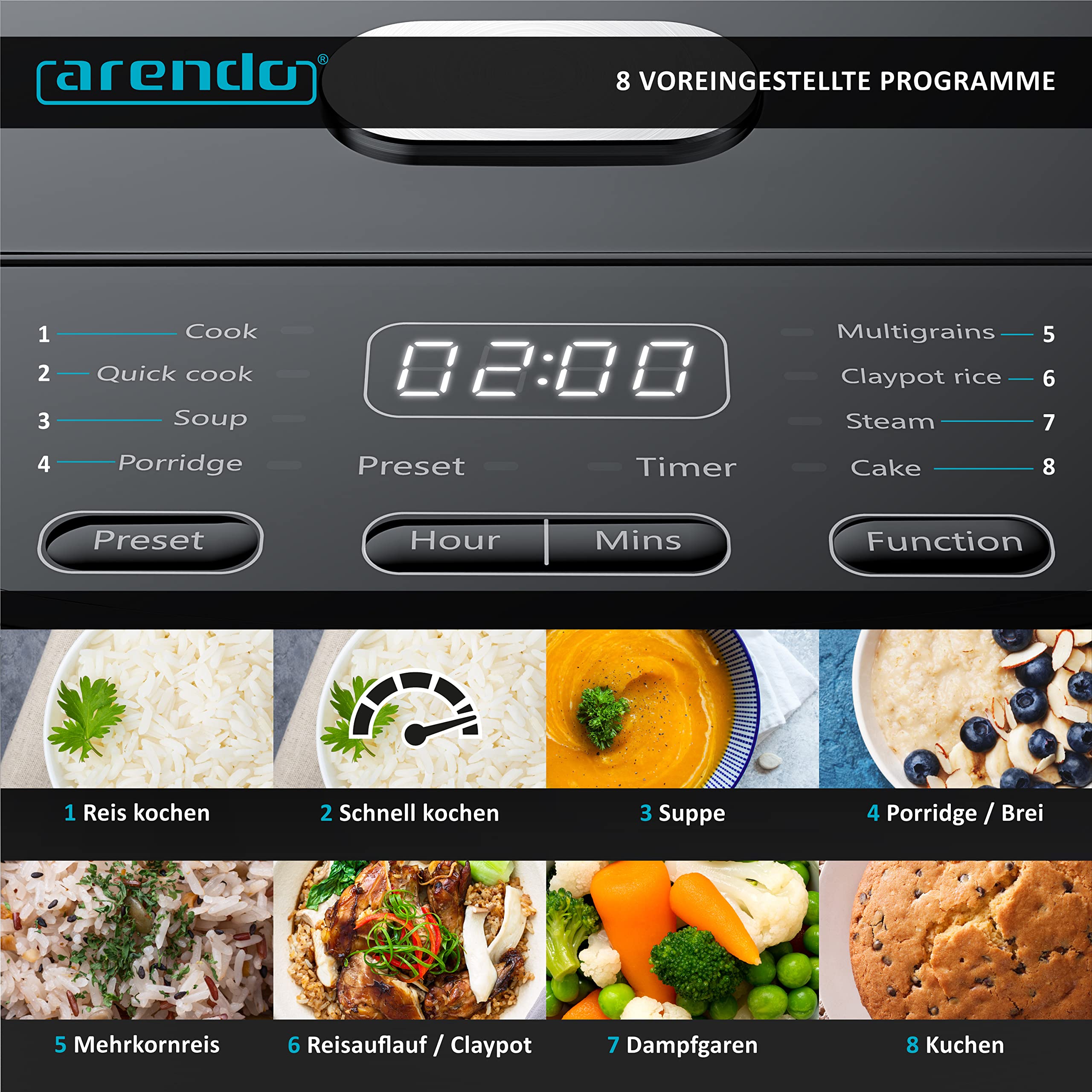 Arendo - Reiskocher Multikocher digital und Dampfgarer 4L – 3D Heizsystem – 8 Programme – Warmhaltefunktion – Timer – Antihaftbeschichtung - inkl. Dampfgareinsatz, Messbecher, Reislöffel, Schwarz