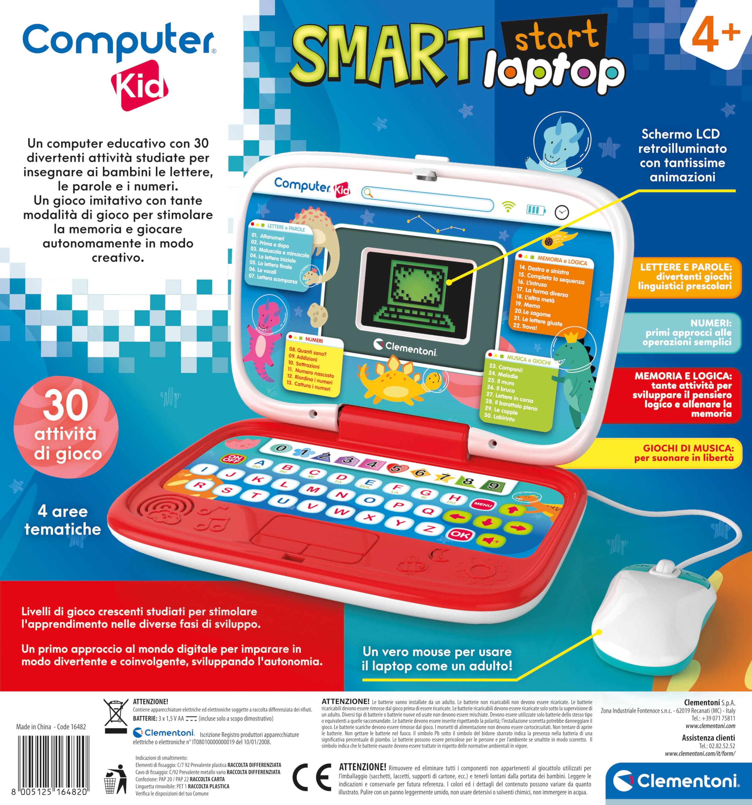 Clementoni - Computer Kid Smart Laptop Educativo Bambini 4+ Anni, 30 attività Educative, Gioco Elettronico per Imparare Lettere, Numeri e Musica, Mouse e Batterie Inclusi, Lingua Italiana, 16482