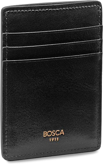 Bosca Mens Leather Card Holder Wallet & ID Case With Magnetic Money Clip, 3 Card Slots, Top Loading Currency Slot For Front Pocket, Full Grain Tanned, Black