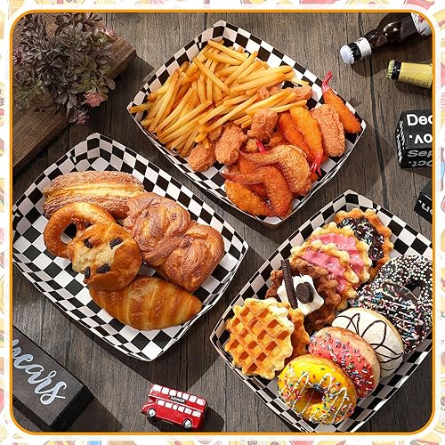 Miniatura 4 de Norme 60 Pcs Disposable Black White Checkered Paper Food Trays 5 lb Heavy Duty Kraft Paper Food Serving Boats 10.2 x 7.1 x 2 Inch Nacho Taco Hot Dog