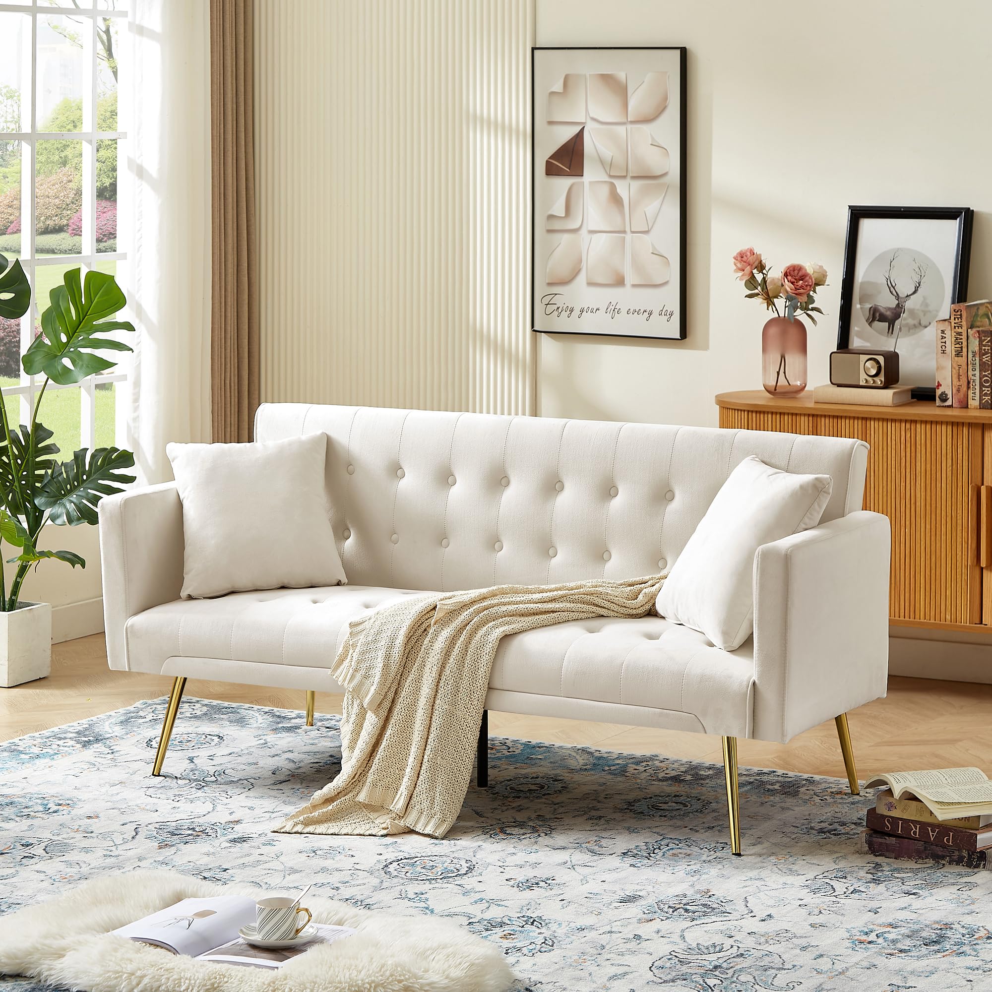 Anwick 72" Velvet Satin Futon Sofa Bed,Convertible Sleeper Couch Bed with 2 Pillows,Modern Tufted Recliner Loveseat with Golden Metal Legs for Small Home Office Living Room (Beige-Button Tufted)BOX 2 of 2 ONLY