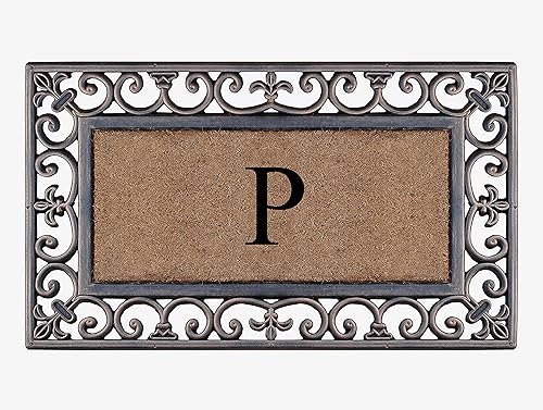 A1HC - Felpudo con monograma de goma natural y fibra de coco de 18 x 30 pulgadas, para puerta delantera, tratamiento antidesprendimientos, duradero,