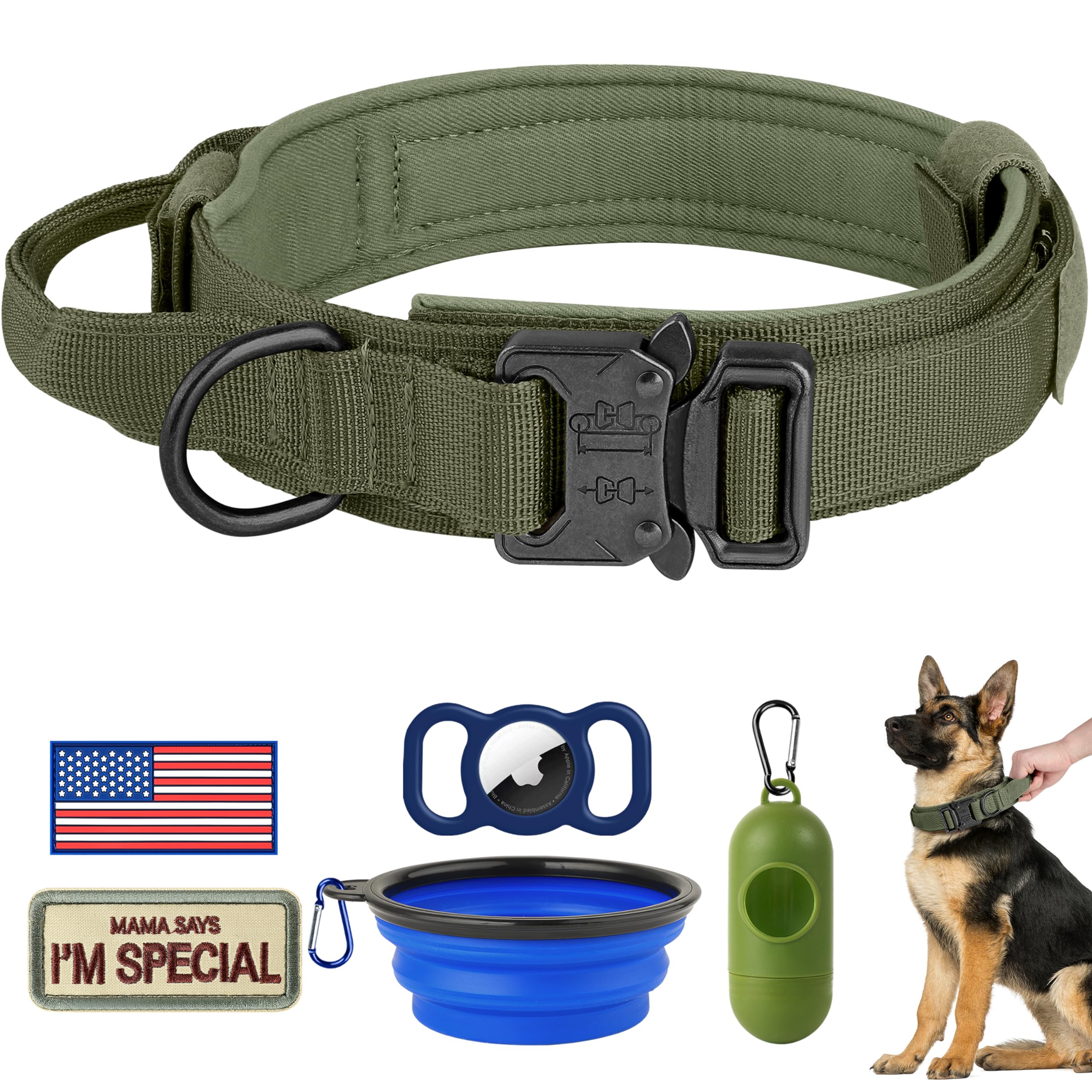 Tactical Dog Collar Adjustable Nylon Collar with Control Handle and Heavy Metal Buckle for Medium and Large Dogs, with Patches&Airtags Case&Poop Bag Dispenser&Portable Bowl. (M, Green)
