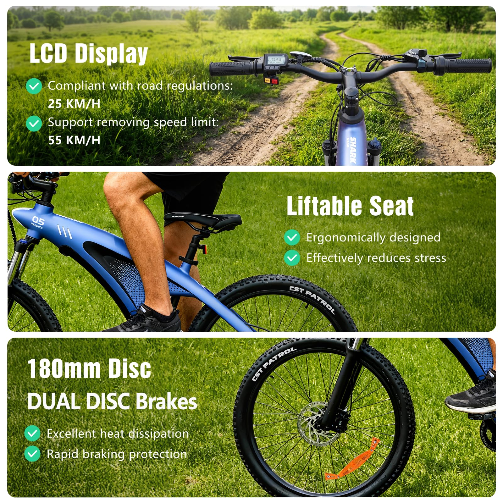 HX Q5 Shark Bicicleta Eléctrica Adulto de Montaña, 27.5" Bicicleta Eléctrica Urbana, Motor 85 NM,13/20 Ah, Autonomía 40-220 km, Suspensión Ajustable y Frenos de Disco Hidráulicos Ebike