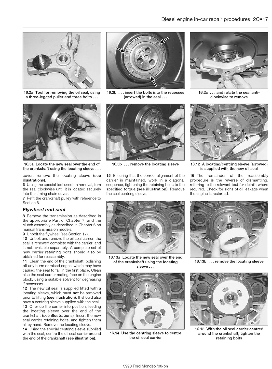 A page from the manual showing various engine repair procedures, including pressure relief valve components, oil pump mounting bolts, and crankshaft oil seal removal and installation for diesel engines.