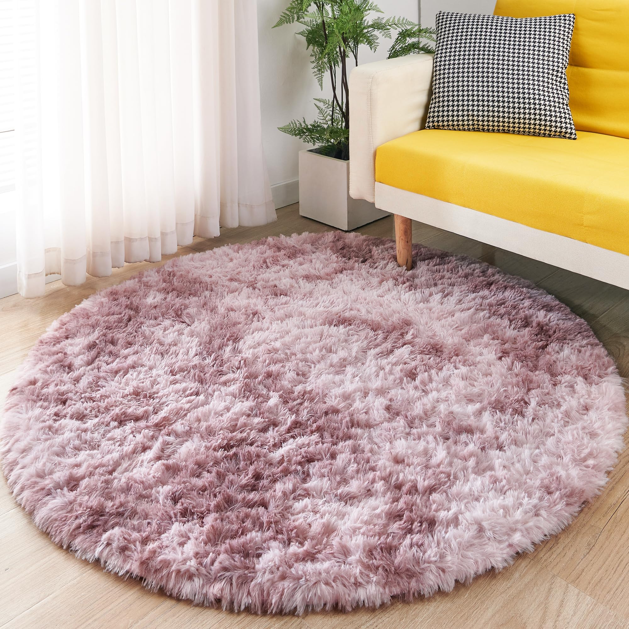 KOWVOWZ Round Rugs Bedroom Carpets Shaggy Rug Fluffy Soft Area Rug Area Rugs for Kids Room Living Bedroom Dining Rugs Deep-Pile Rug Anti Slip Soft Carpet 120cm (Pink Purple)