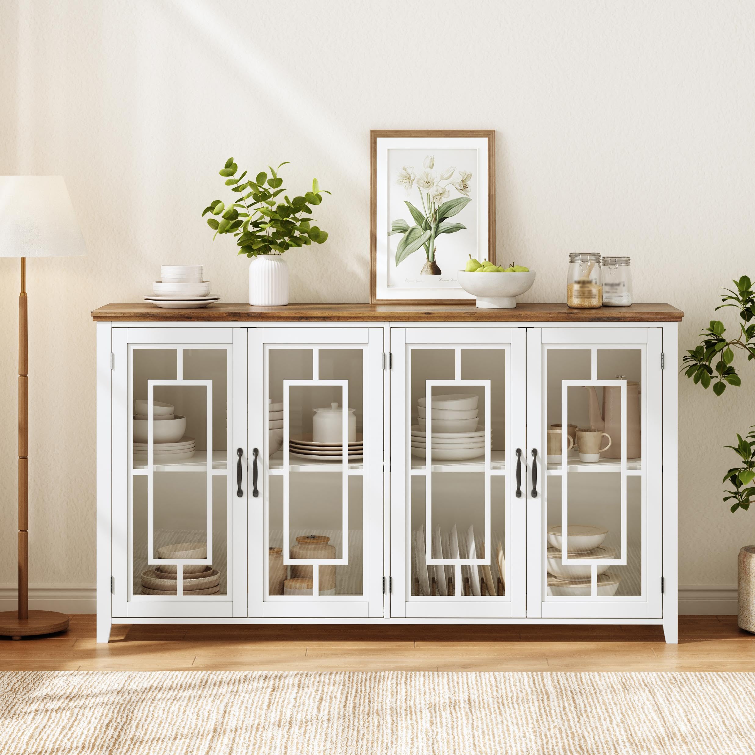 Aparador de cocina de 160 cm blanco con puertas de cristal y almacenamiento