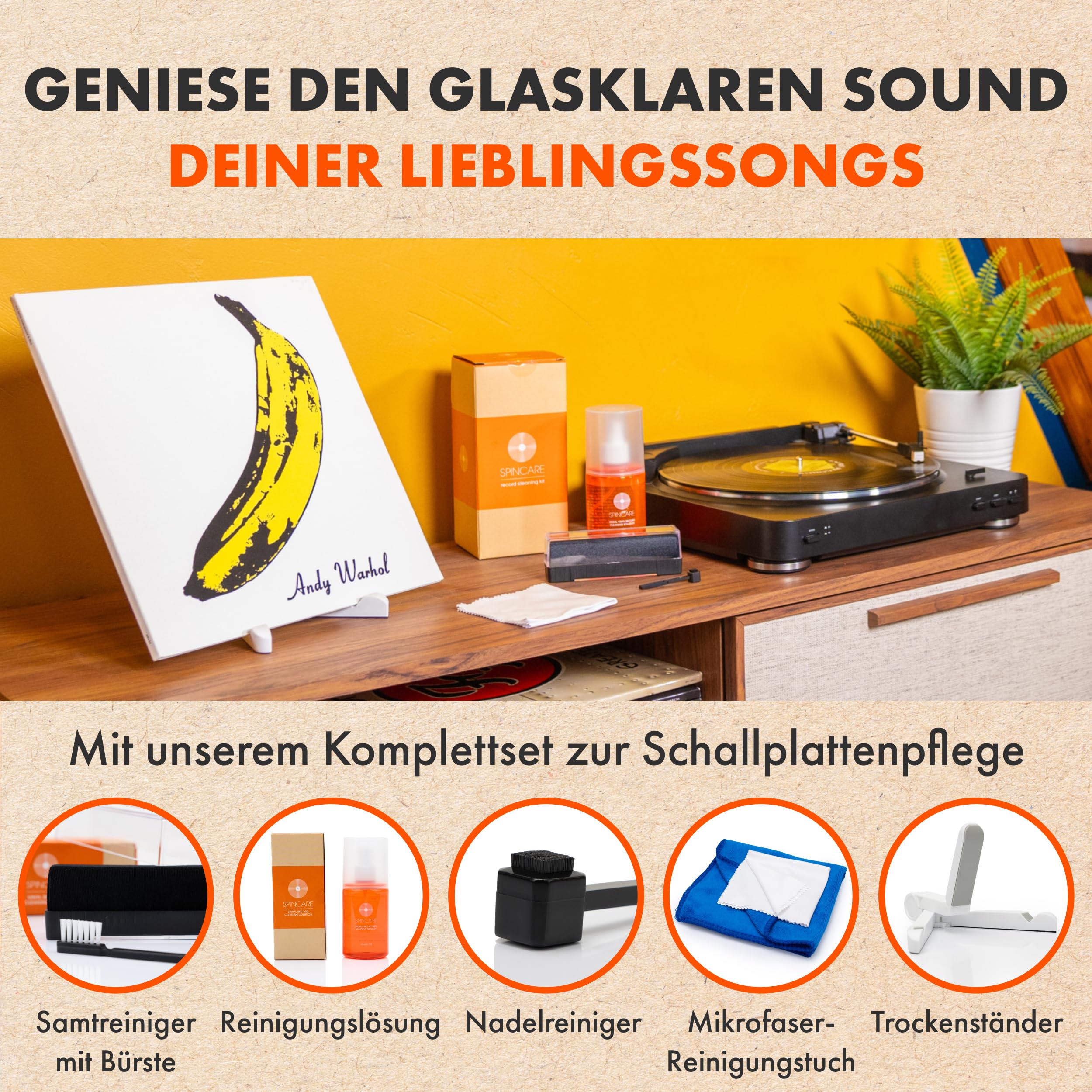 5-in-1 Vinyl Schallplatten LP Reinigungsset von SPINCARE | Mit Antistatischer Schallplattenbürste/Karbonfaser-Nadelbürste/Schallplatten Reinigung Lösung/Ständer zum Trocknen