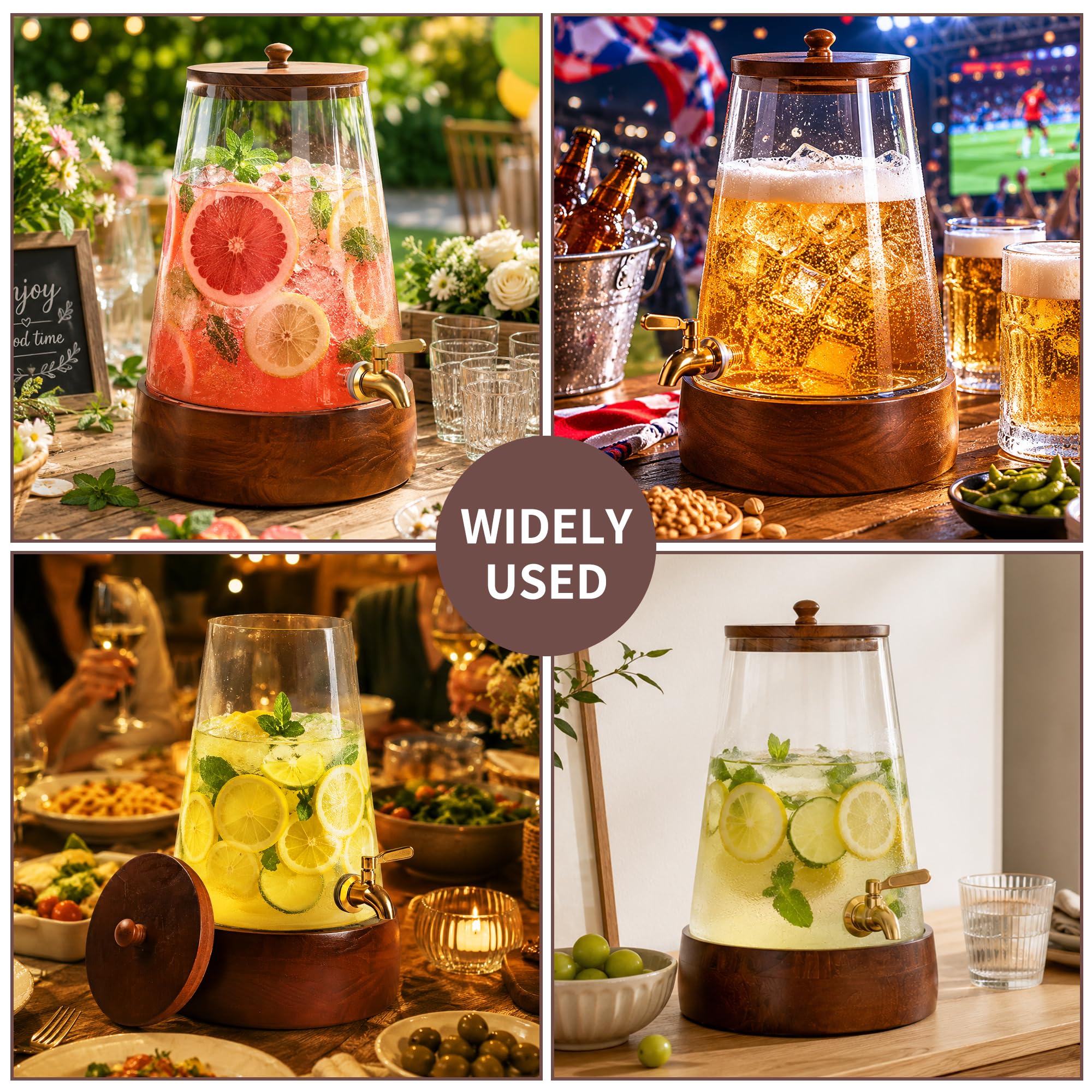 Szklany dozownik napojów z czopem, dozownik napojów na imprezy, stojak z drewna akacjowego, silikonowa mata ochronna i szczotka do czyszczenia, serwer do lemoniady, soku, mrożonej herbaty, sangrii