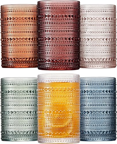 Mfacoy Juego de 6 vasos de colores para beber, 12 onzas, cristalería de cocina vintage, vasos de vidrio con cuentas en relieve, vasos de agua, vaso