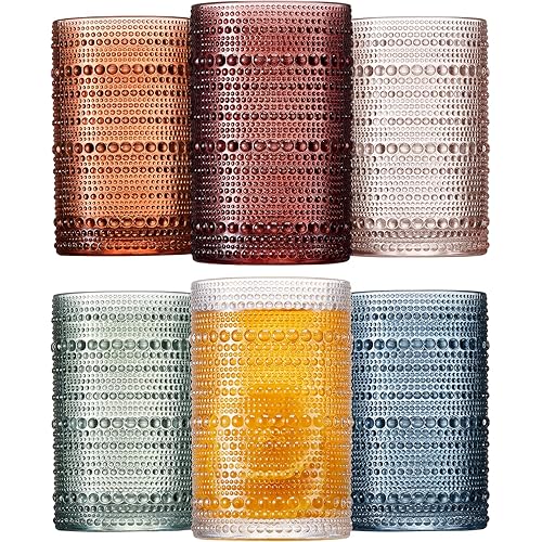Mfacoy Colored Hobnail Drinking Glasses Set of 6, 12oz Vintage Kitchen Glassware, Embossed Beaded Glass Cups, Water Glasses, Beaded Colorful Water Tumbler for Cocktail, Juice and Various Mixed Drinks
