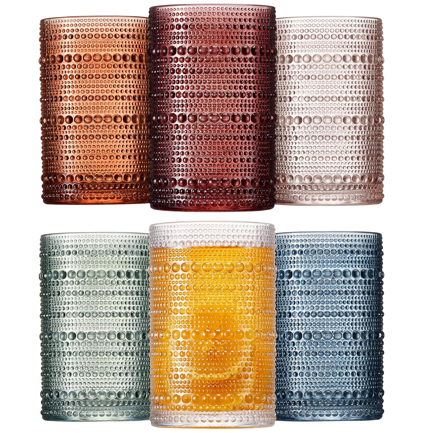 Mfacoy Colored Hobnail Drinking Glasses Set of 6 12oz Vintage Kitchen Glassware Embossed Beaded Glass Cups Water Glasses