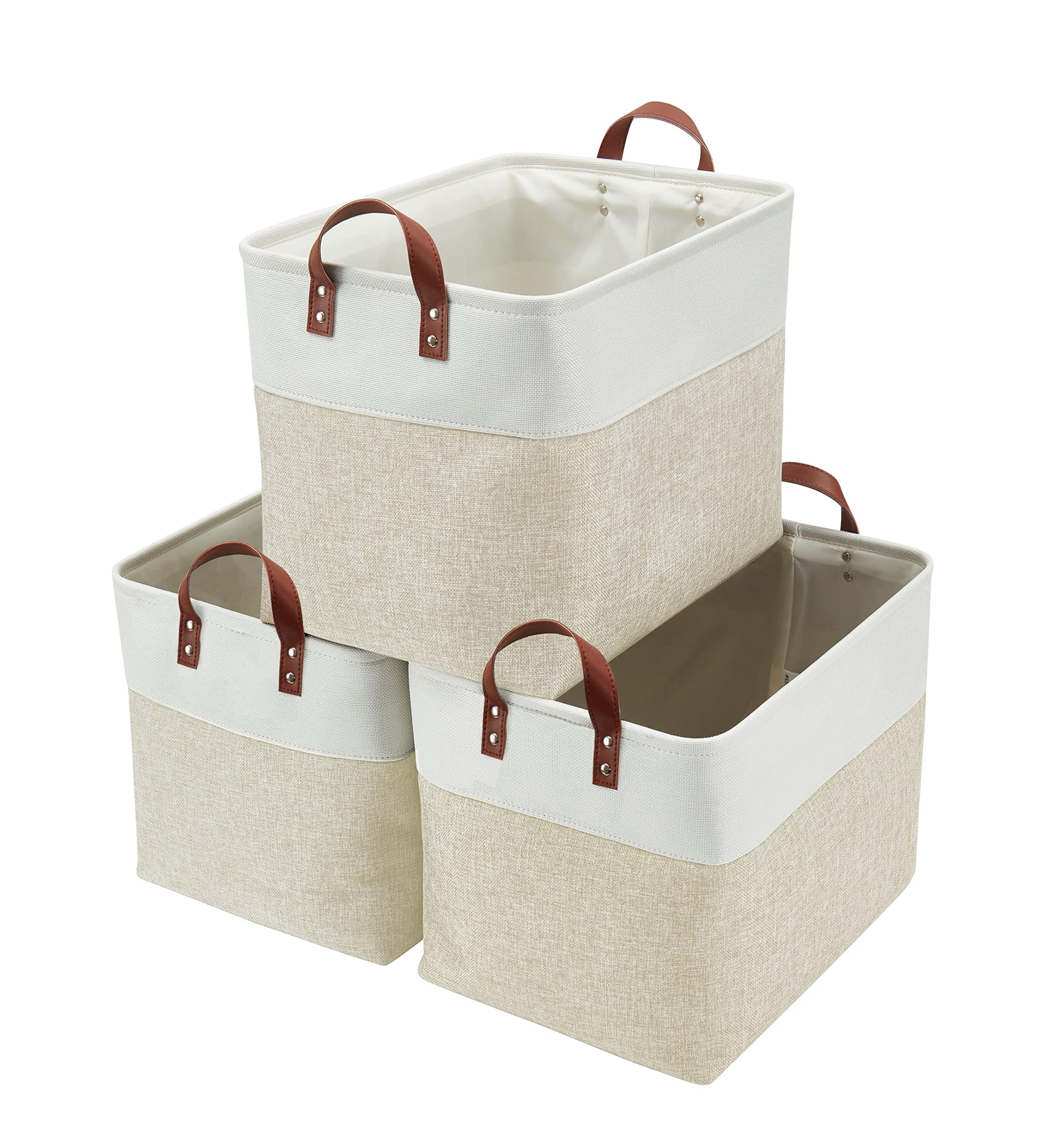 Large Fabric Storage Baskets - Linen Closet Storage Bins with Handles for Laundry, Clothes, Home, Office (Beige & White, XXL - 3 Pack)