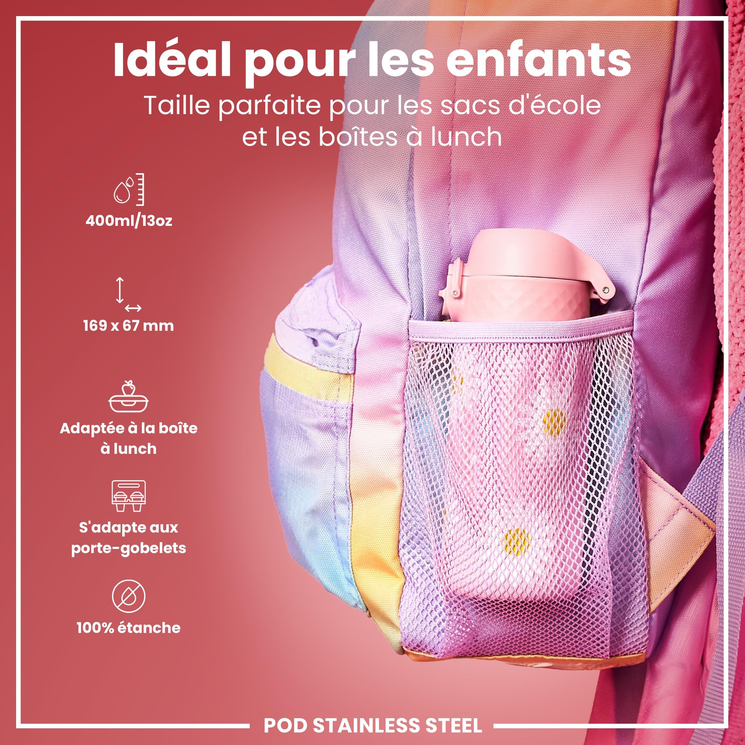 Ion8 Gourde Enfant Inox 400ml Anti-Fuite Verrouillage Sécurisé Lavable Lave-Vaisselle Acier Inoxydable Marguerites