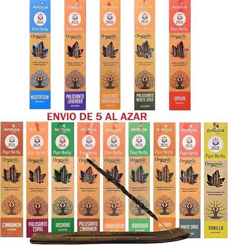 Ambica Organic Herbal Incense Pack - 7 Sets of 3 Sticks Each - 25cm - Palo Santo with White Sage, Cinnamon, Lavender - Meditation, Purification, Relaxation - 7