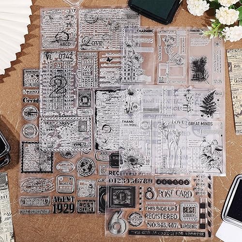 Miniatura 3 de GLOBLELAND 4 hojas de gran tamaño vintage postal postal sellos transparentes para hacer tarjetas, 11.7 x 8.3 pulgadas, fondo de texto, sellos de